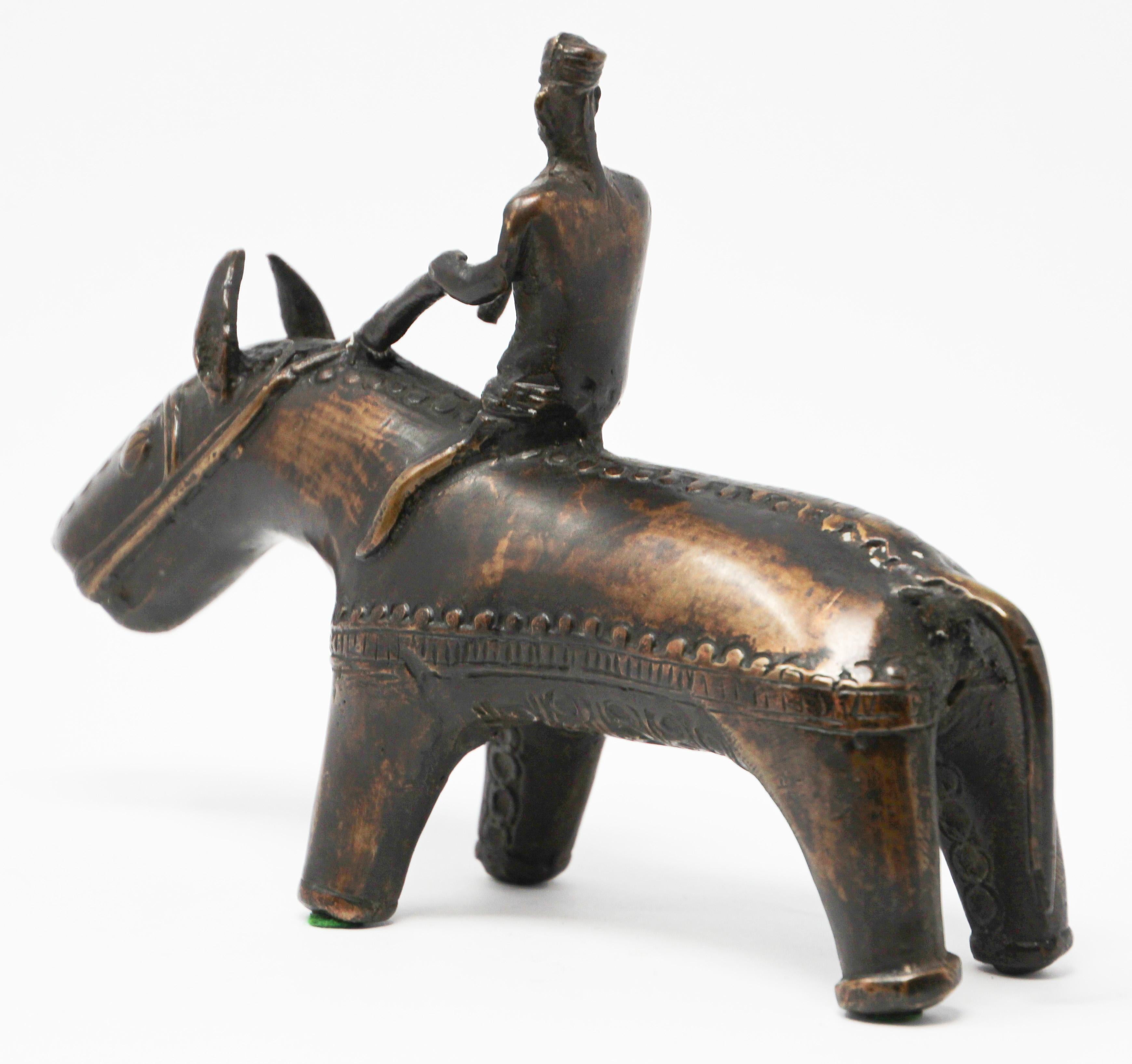 Brass Kondh Sculpture of a Tribal Warrior Riding a Beast For Sale 1