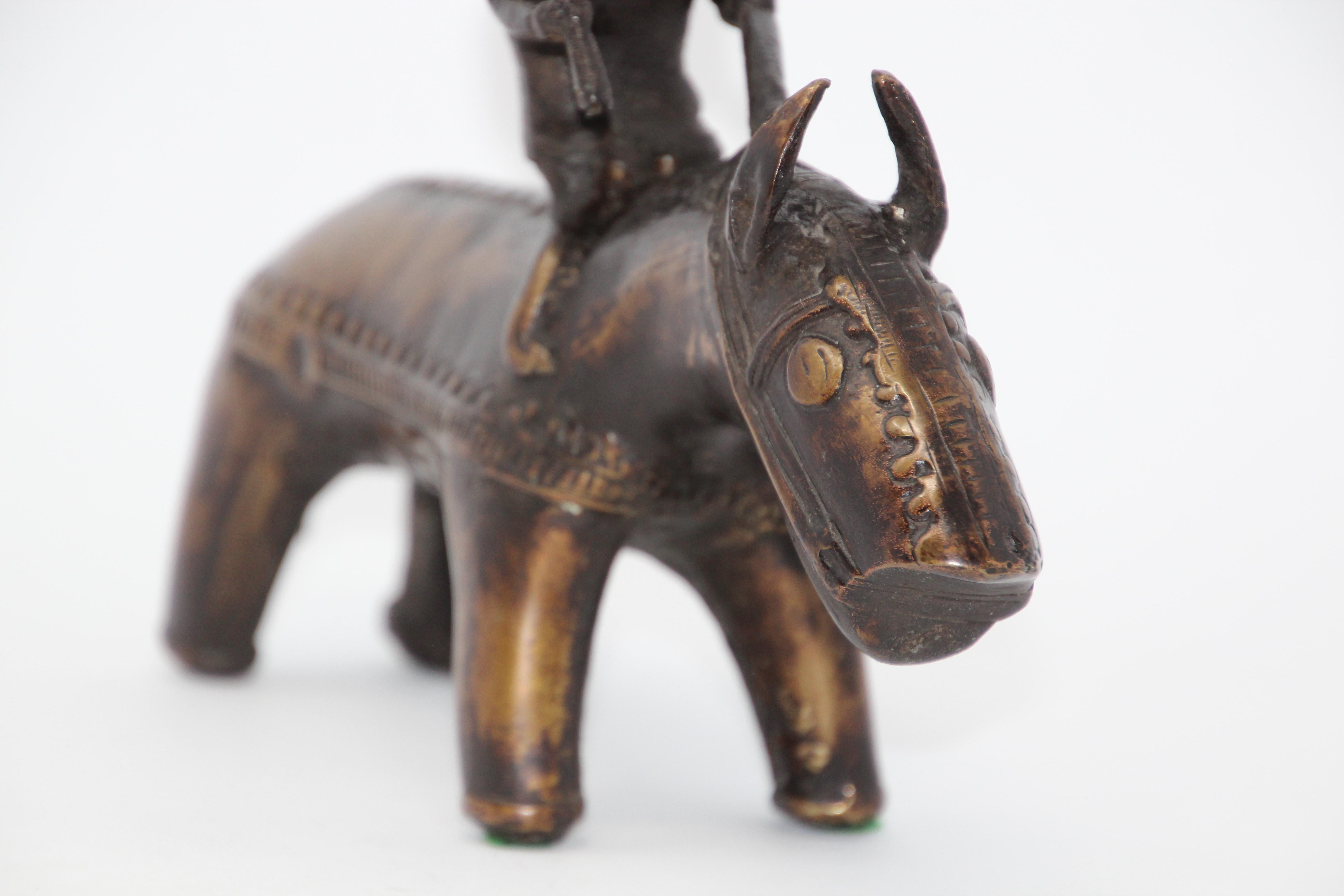 Folk Art Brass Kondh Sculpture of a Tribal Warrior Riding a Beast For Sale