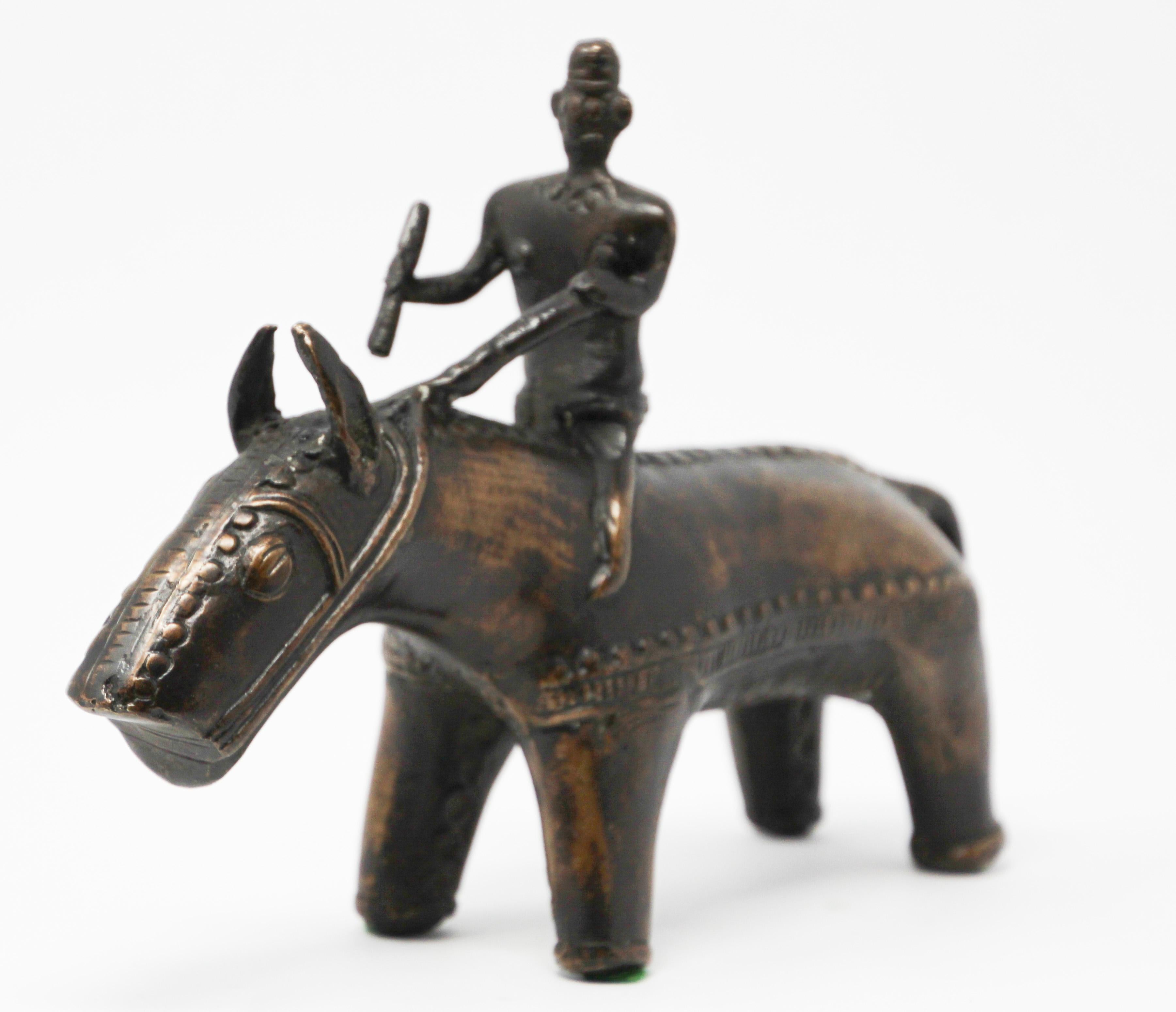 Indian Brass Kondh Sculpture of a Tribal Warrior Riding a Beast For Sale