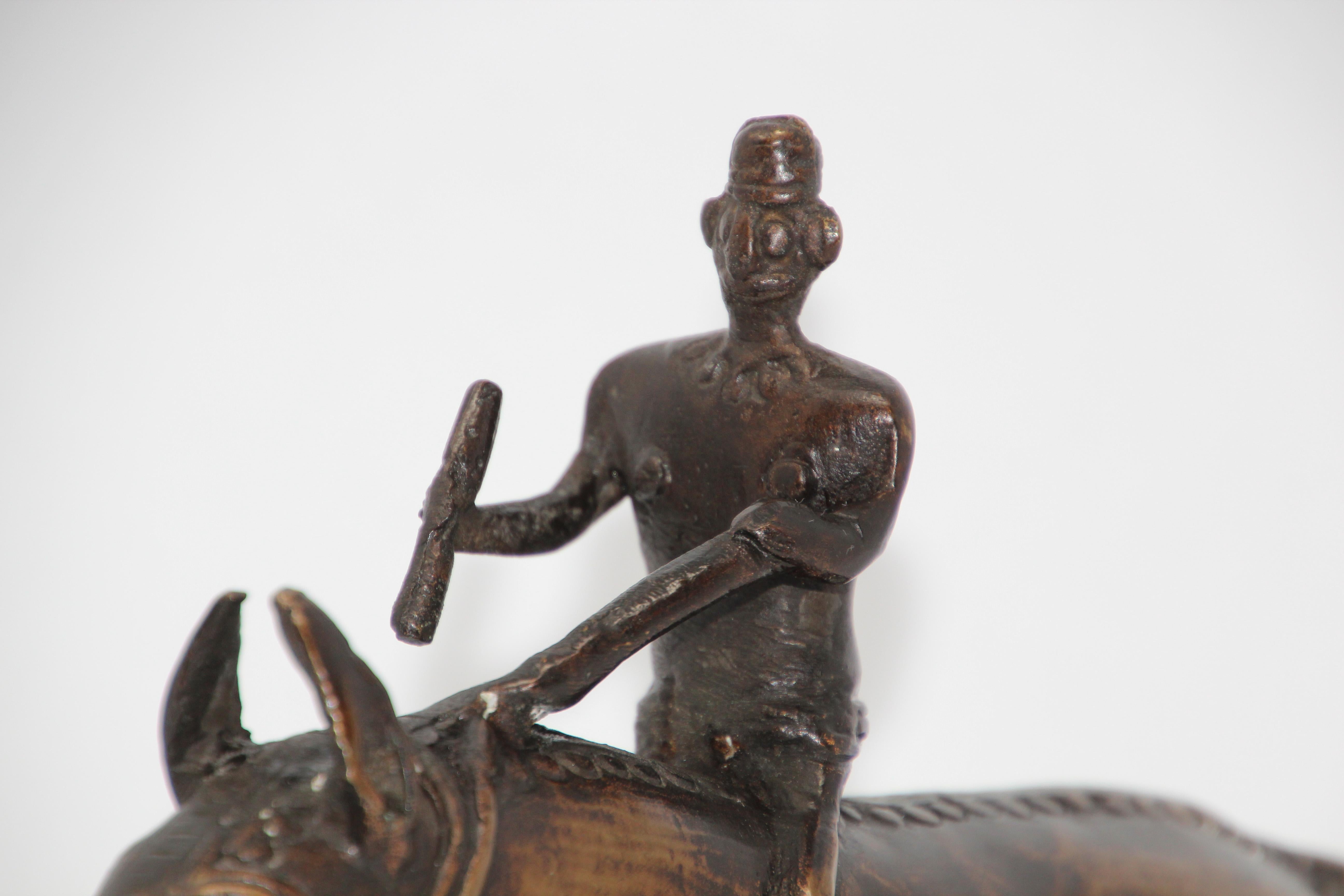 20th Century Brass Kondh Sculpture of a Tribal Warrior Riding a Beast For Sale