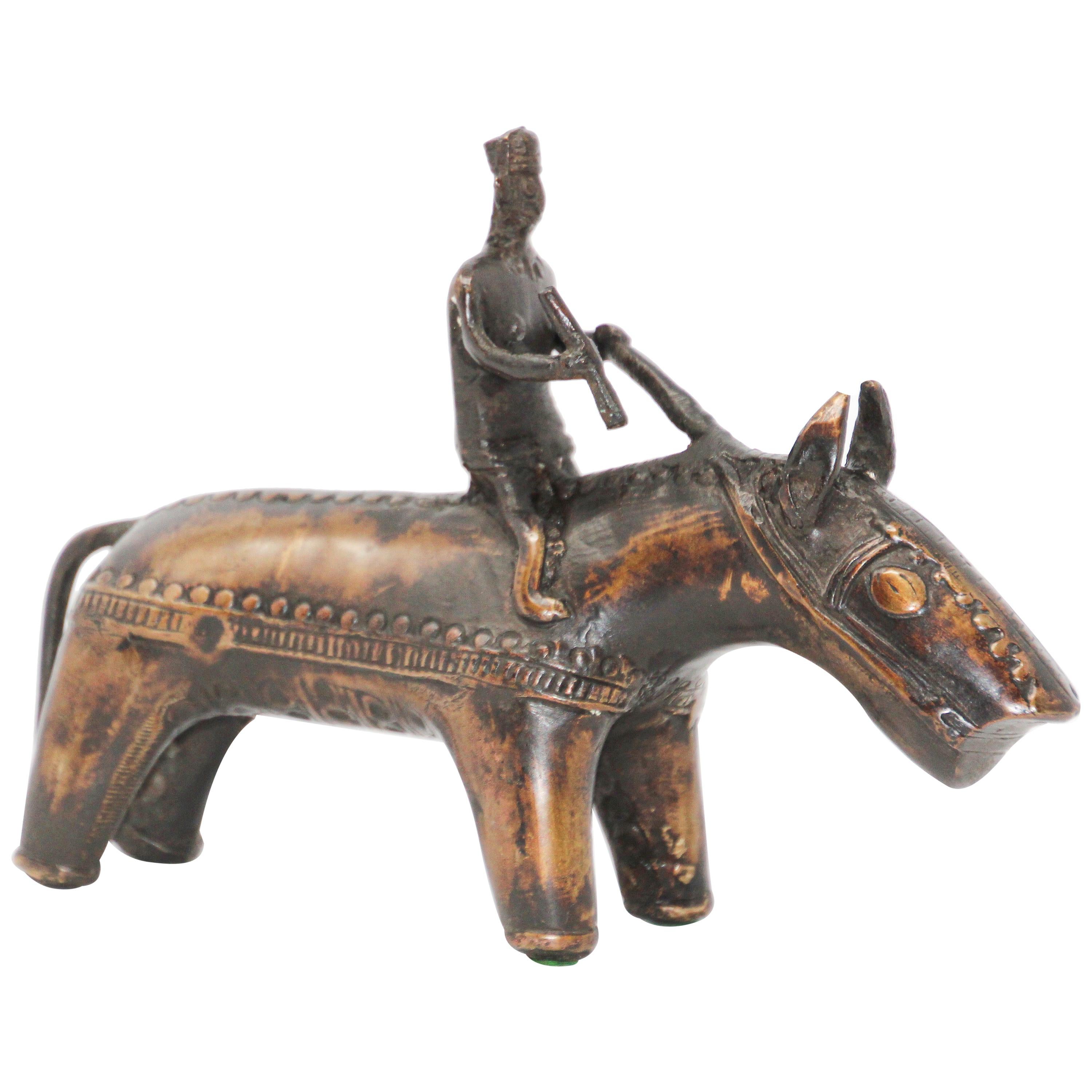 Brass Kondh Sculpture of a Tribal Warrior Riding a Beast