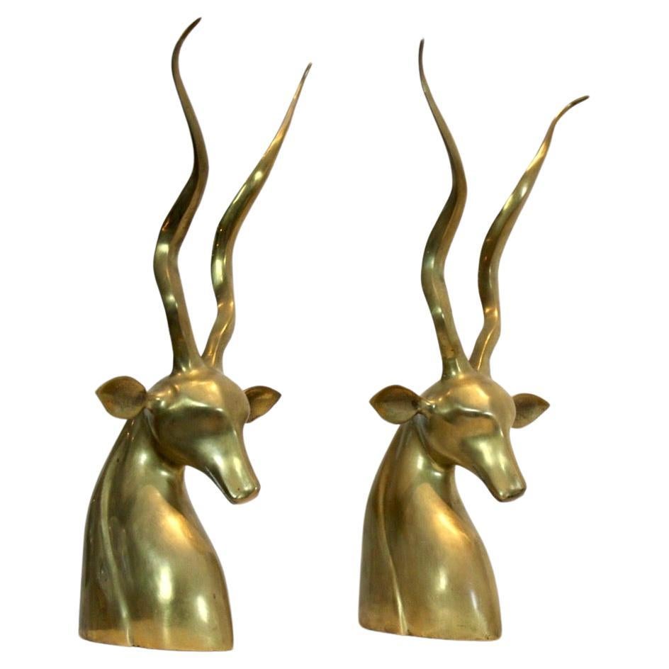 Brass Kudu Antelope Sculptures, Karl Springer, set of two 
