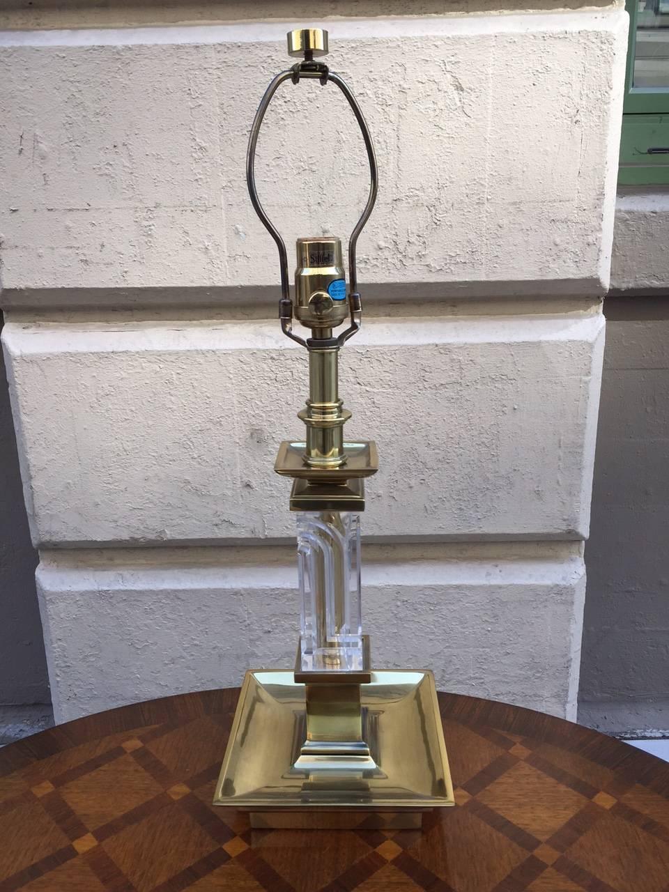 Brass and cut-glass lamp by Stiffel. Brass is heavy. Boudoir style.
Measures: 23.5