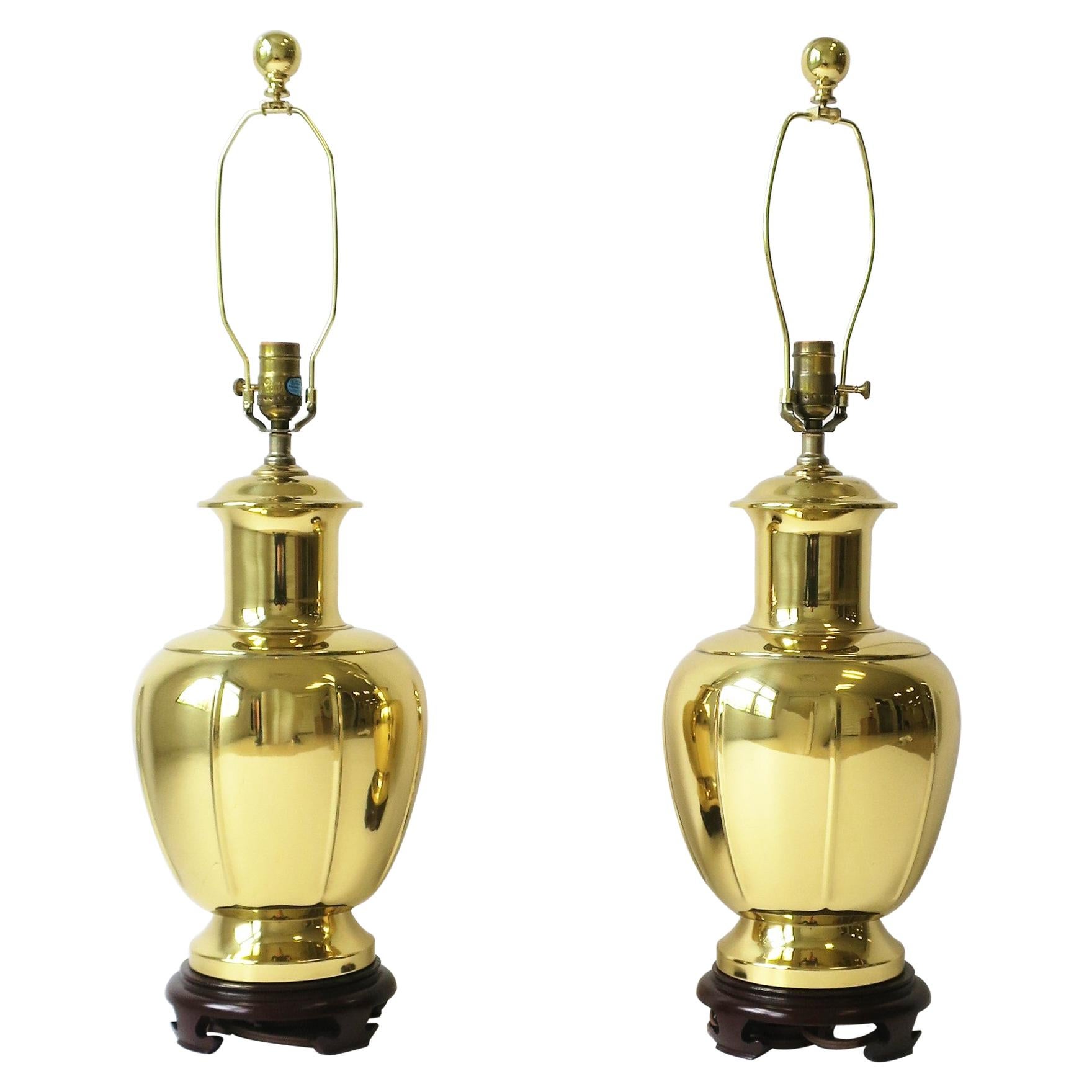 Chinoiserie Style Gold Brass Table Lamps after Designer James Mont, a Pair