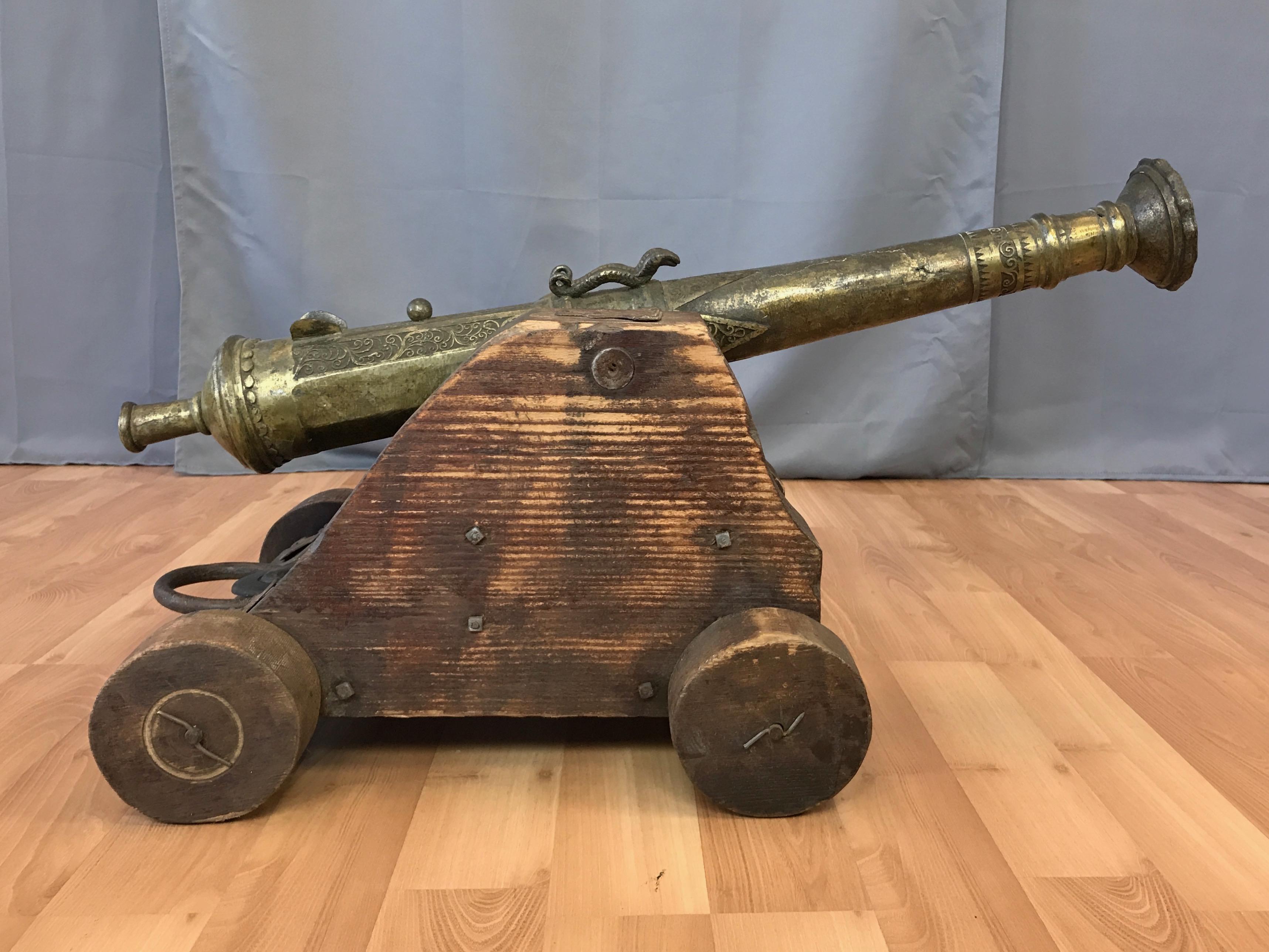 Southeast Asian Brass Lantaka Cannon from South East Asia on Custom Wood Carriage, circa 1900