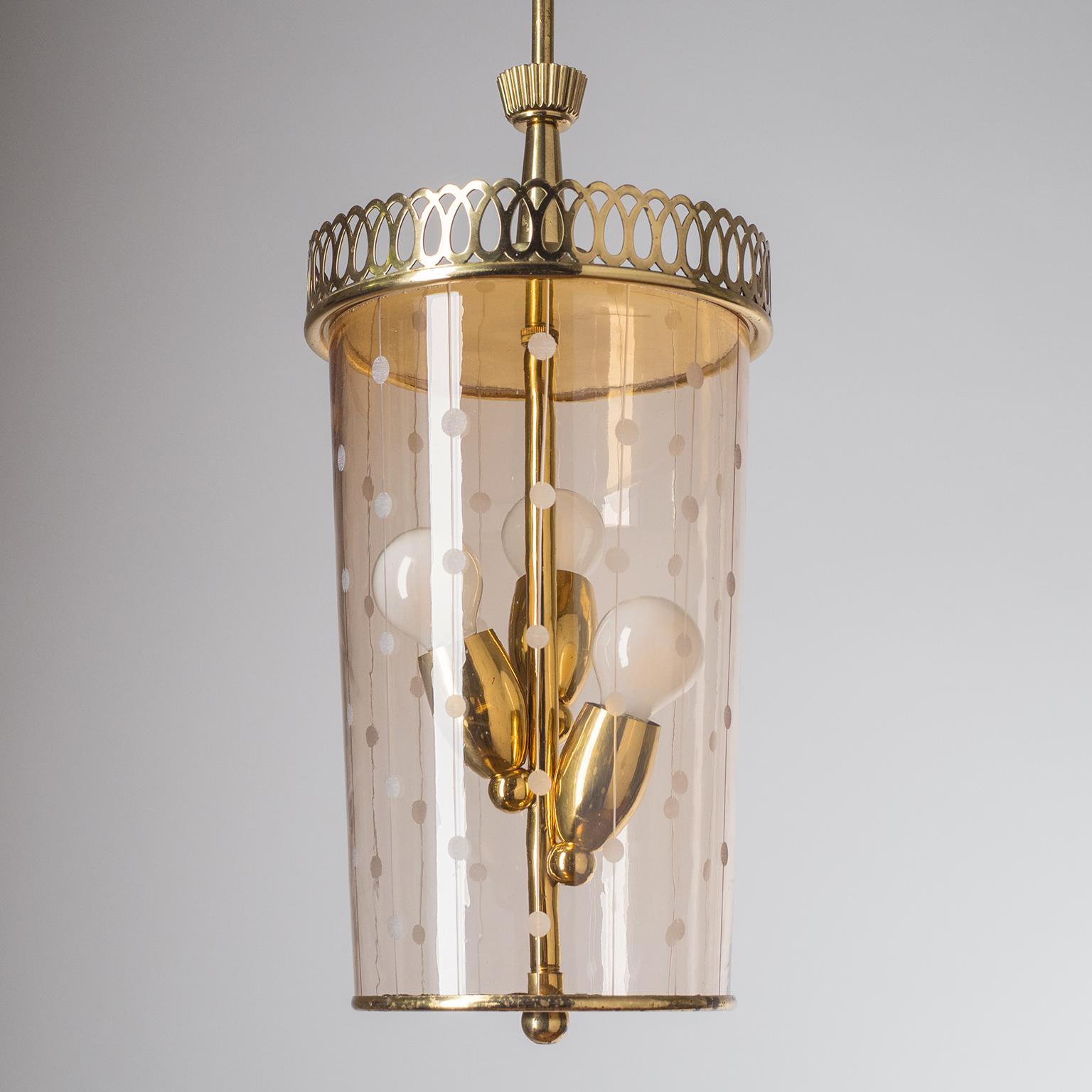 Brass Lantern, circa 1950, Rosé Colored Glass 1