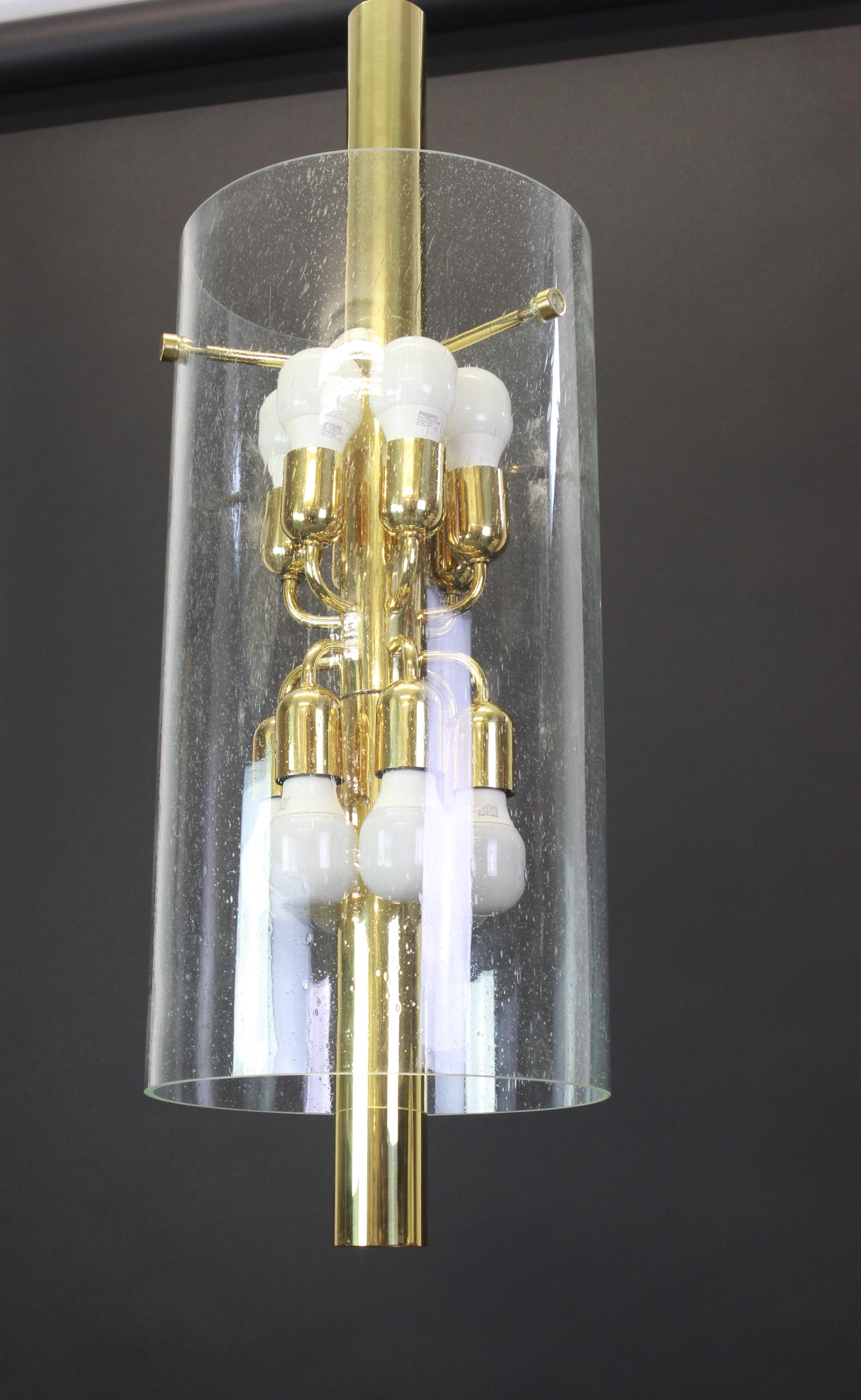 Brass Lantern Form Pendant Cylindrical Glass Shade by Limburg, Germany, 1960s (Moderne der Mitte des Jahrhunderts)