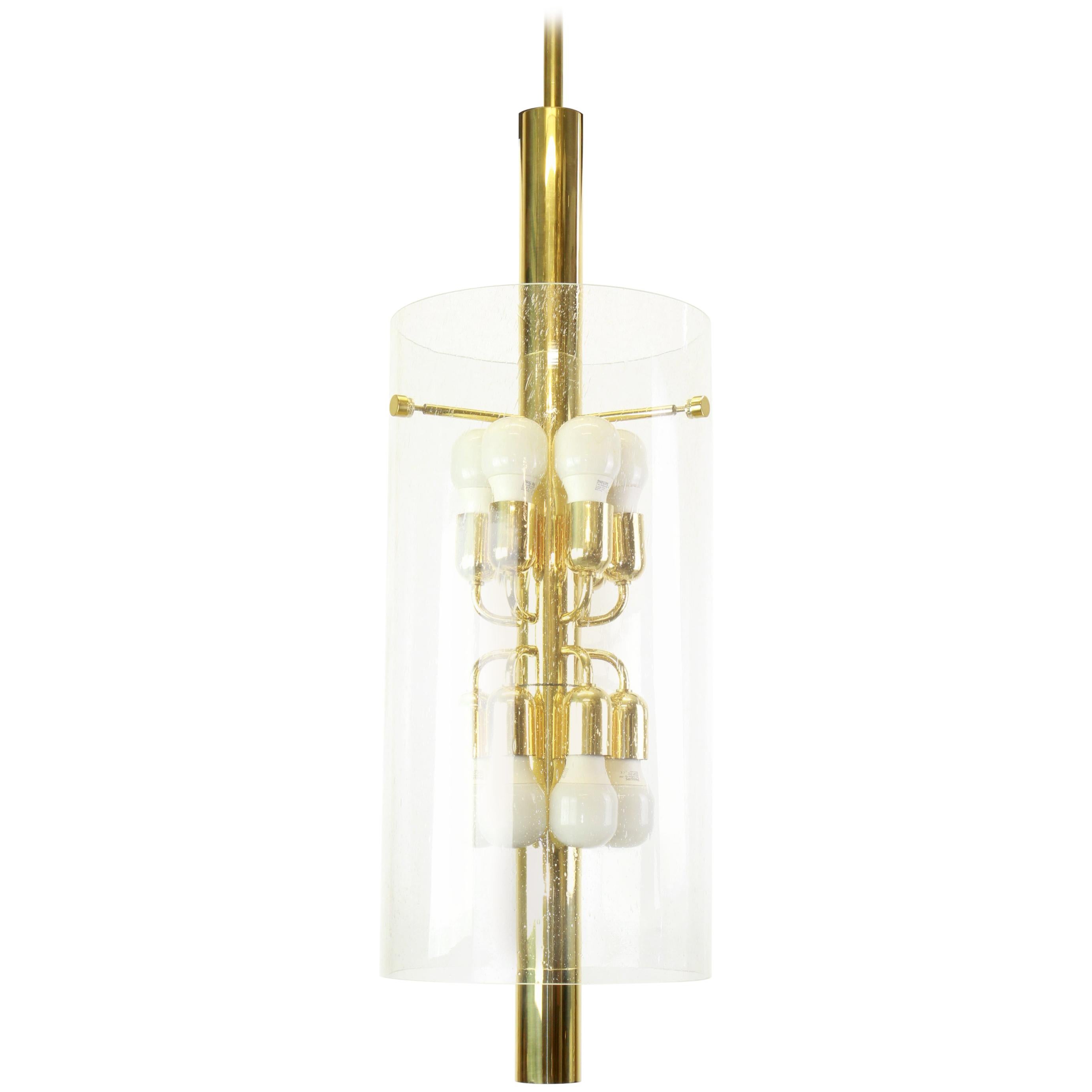 Brass Lantern Form Pendant Cylindrical Glass Shade by Limburg, Germany, 1960s