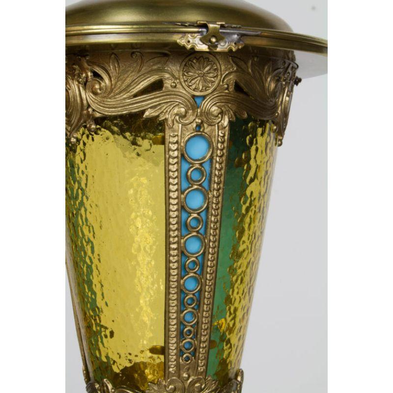 American Brass Lantern with Amber and French Blue Glass For Sale