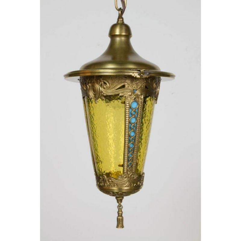 Brass Lantern with Amber and French Blue Glass In Excellent Condition For Sale In Canton, MA