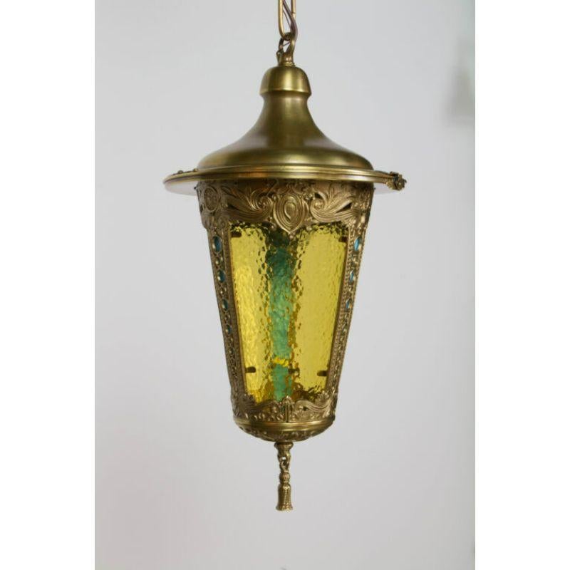 20th Century Brass Lantern with Amber and French Blue Glass For Sale