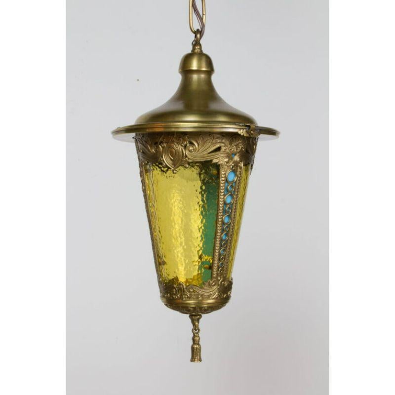 Metal Brass Lantern with Amber and French Blue Glass For Sale