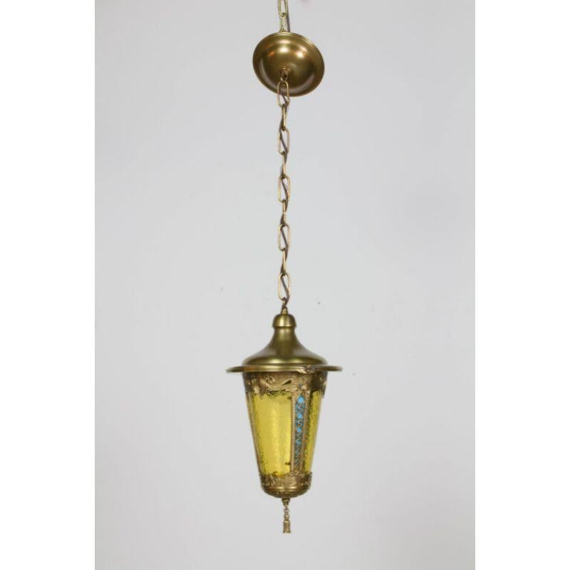 Brass Lantern with Amber and French Blue Glass For Sale 2