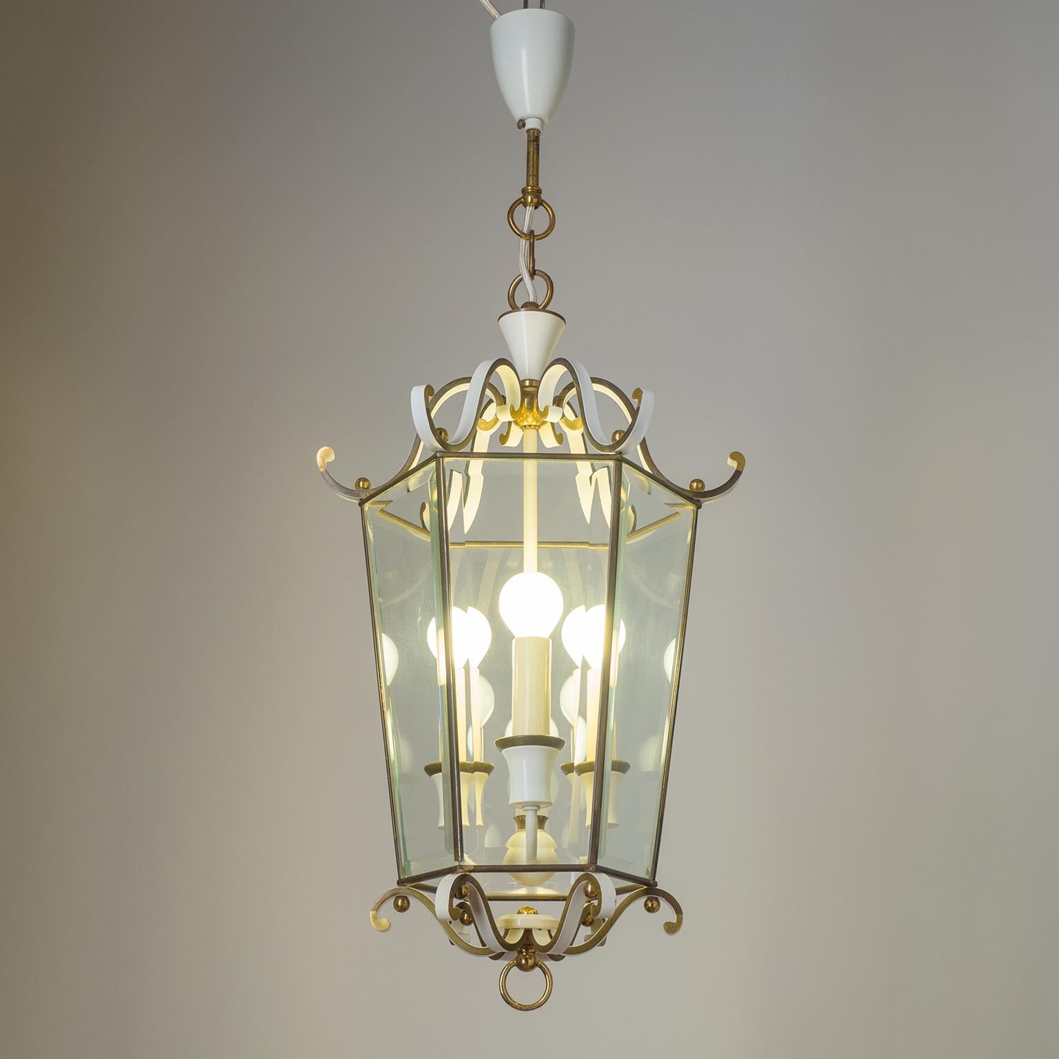 Mid-Century Modern Brass Lantern with Faceted Glass, circa 1960 For Sale