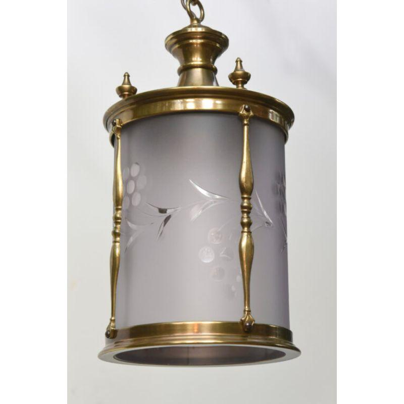 American Colonial Brass Lantern with Frosted Glass For Sale