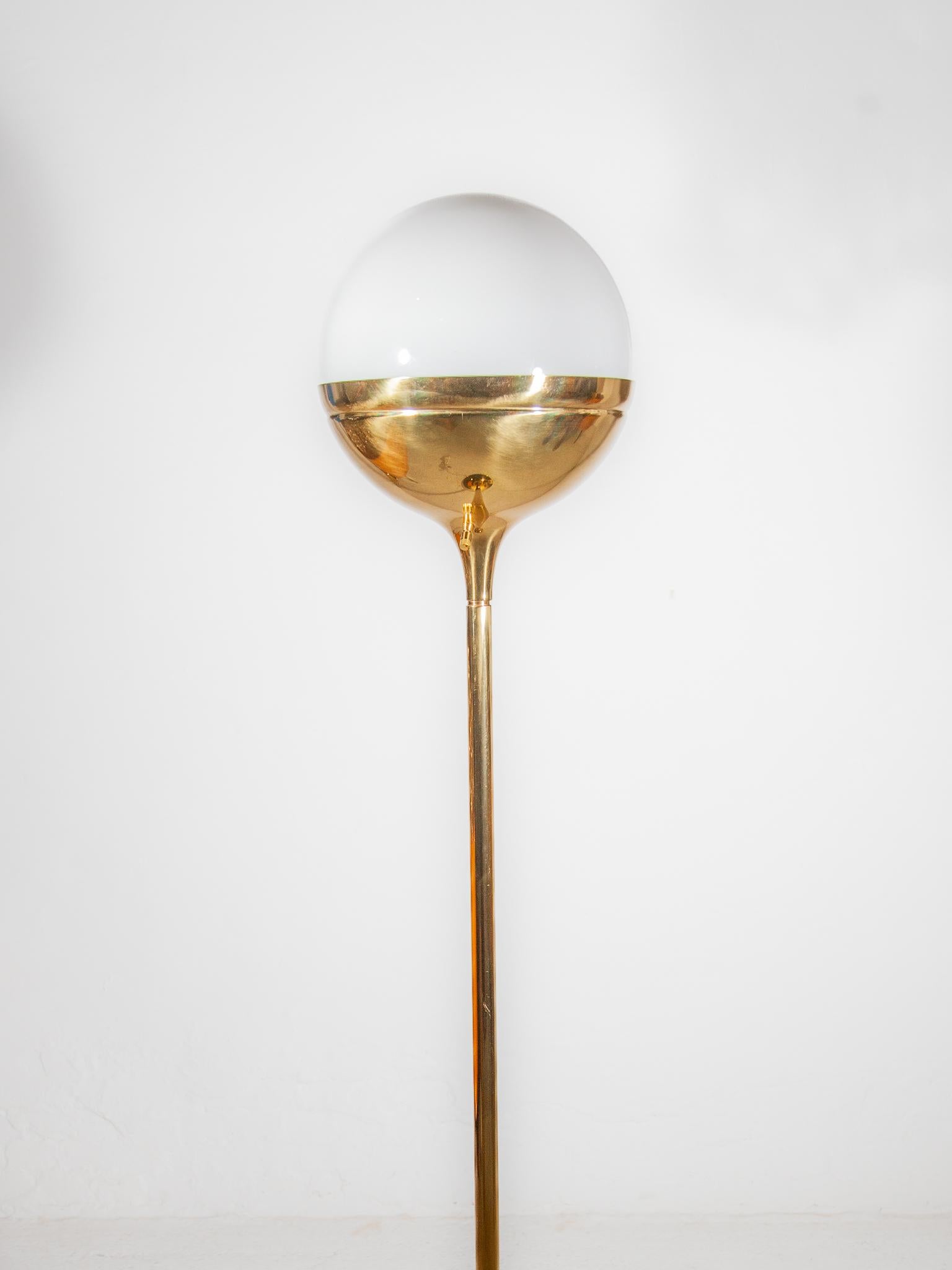 Late 20th Century Brass Large Opal Globe Vereinigte Werkstätten Floor Lamp, 1970s Germany For Sale