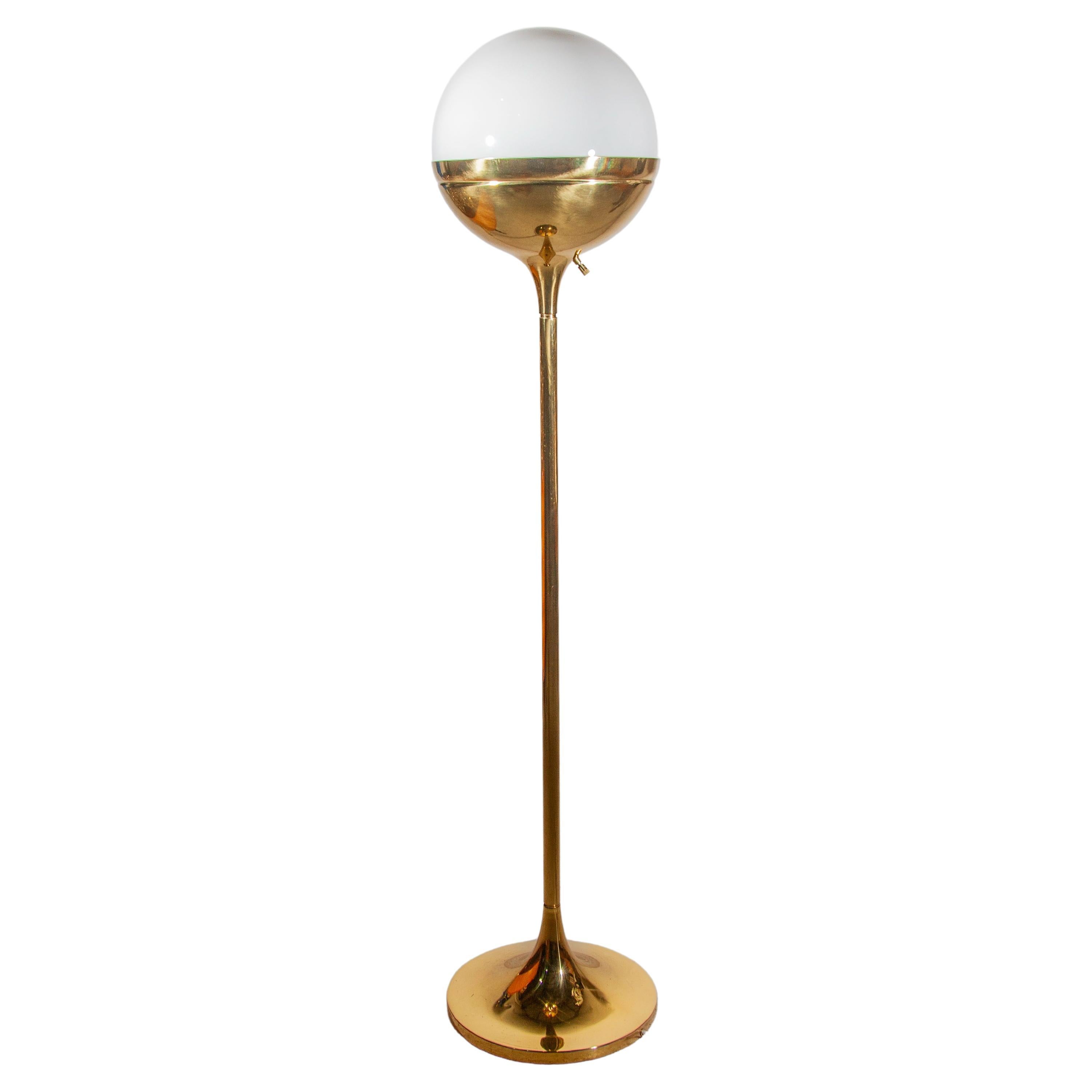 Brass Large Opal Globe Vereinigte Werkstätten Floor Lamp, 1970s Germany For Sale