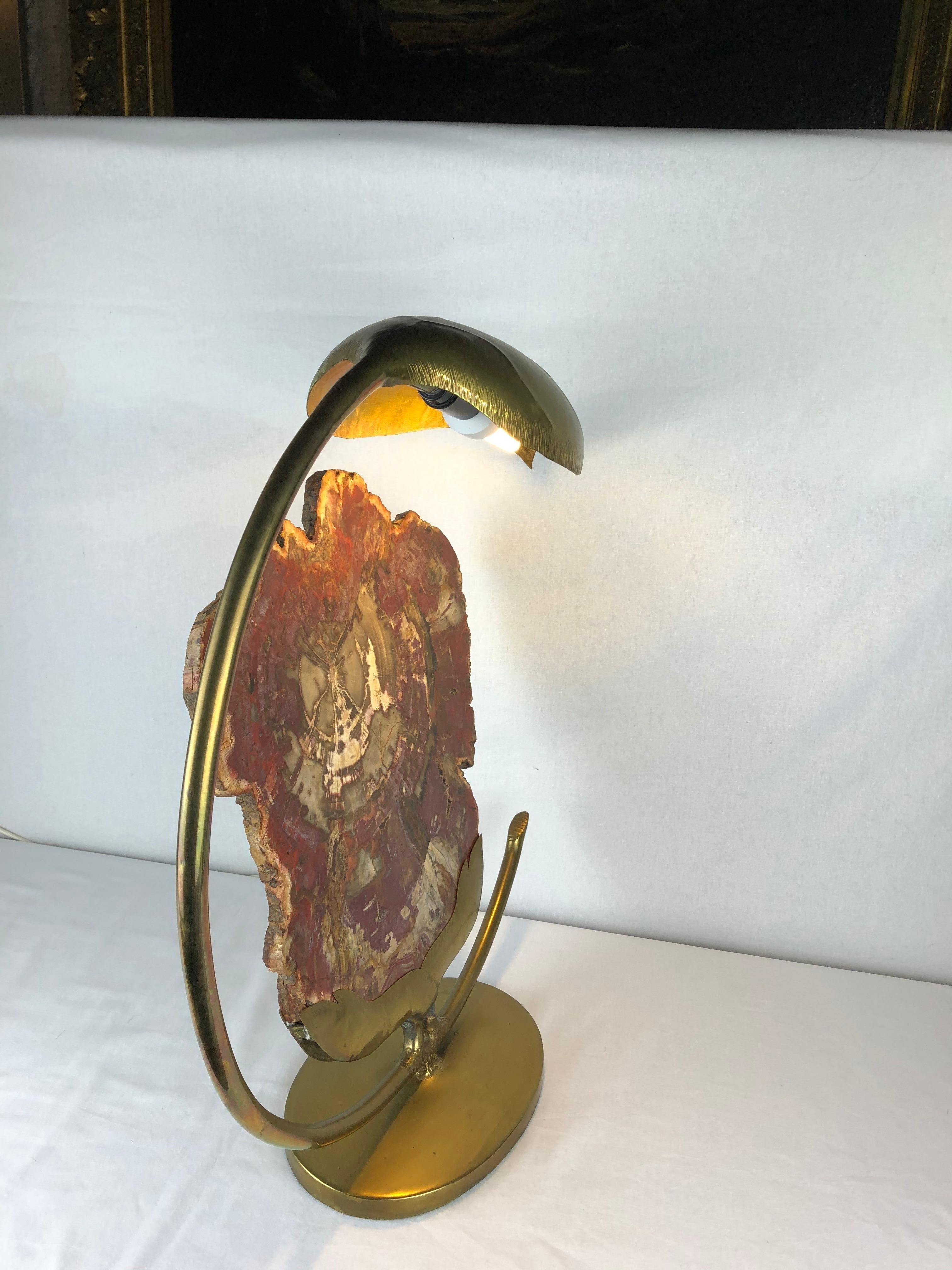 Modern Henri Fernandez Brass Leaf and Petrified Wood Sculptural Table Lamp For Sale