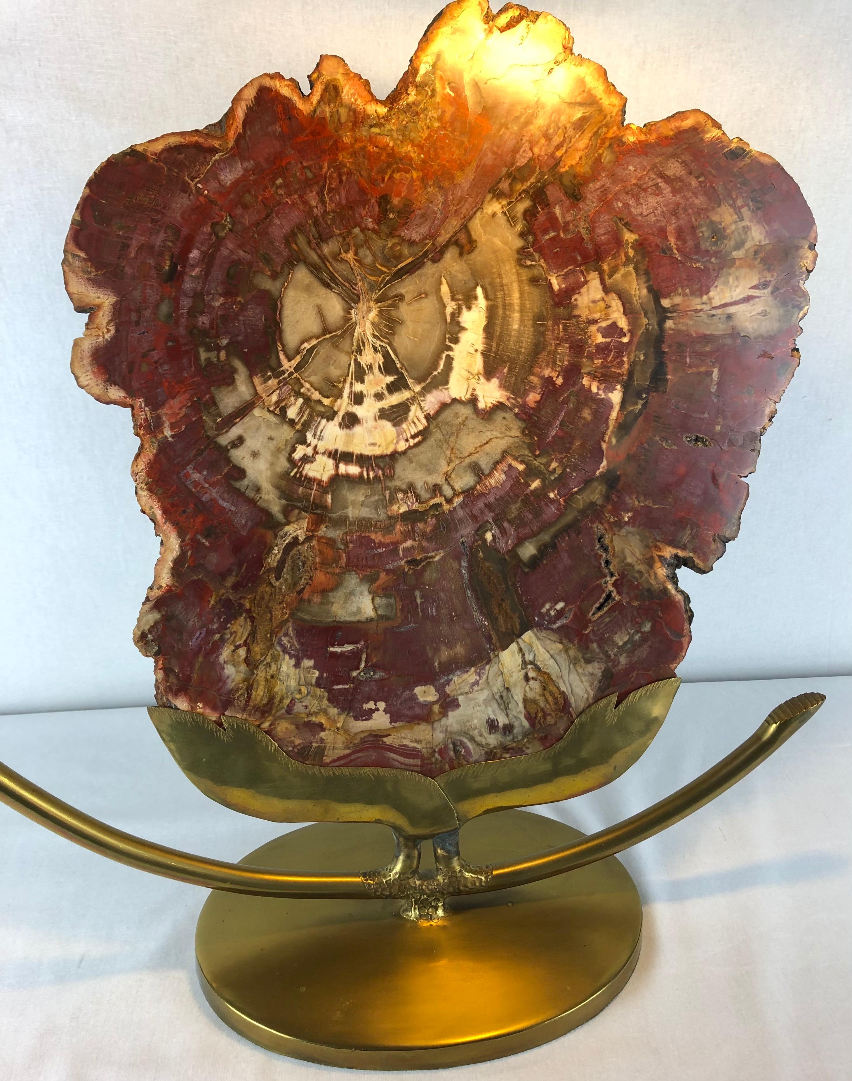 French Henri Fernandez Brass Leaf and Petrified Wood Sculptural Table Lamp For Sale