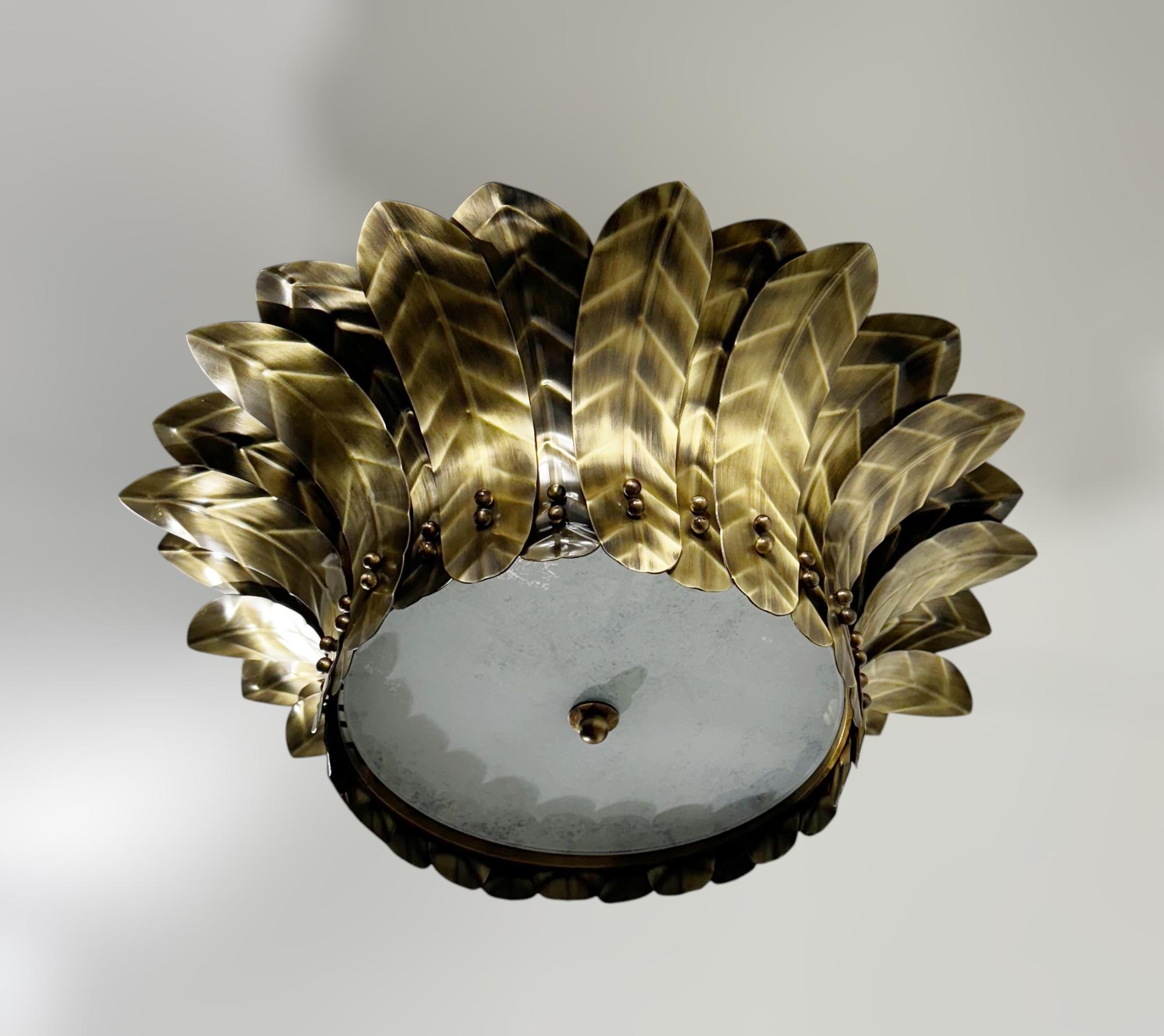 Italian semi flush mount with lacquered bronzato brass leaves and Murano glass diffuser with granular texture / originally designed for the Goodtime Hotel Miami / made in Italy
3 lights / E26 or E27 type / max 60W each
Diameter: 22 inches,