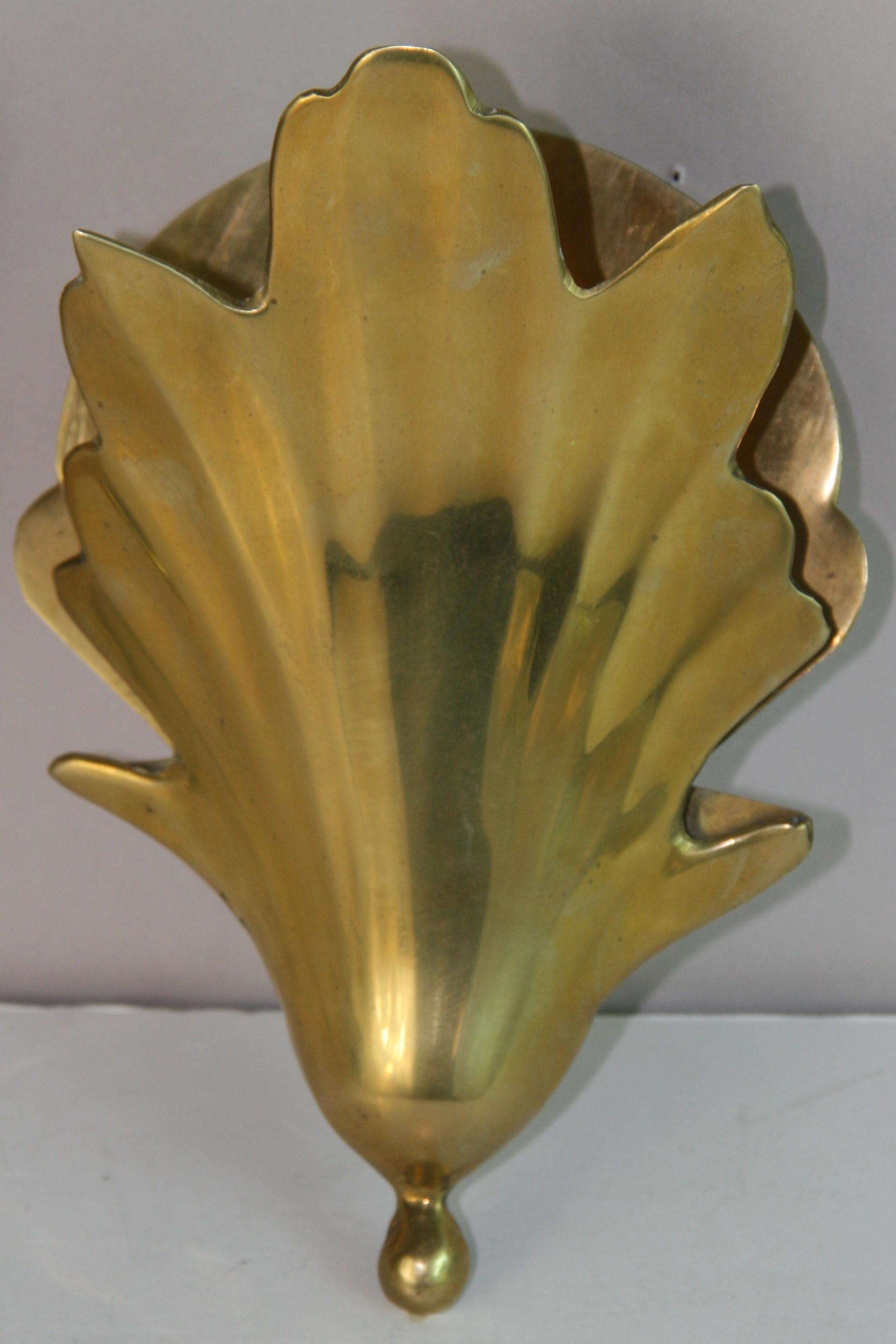 Brass Leaf Wall Washer Sconces a Pair In Good Condition For Sale In Douglas Manor, NY