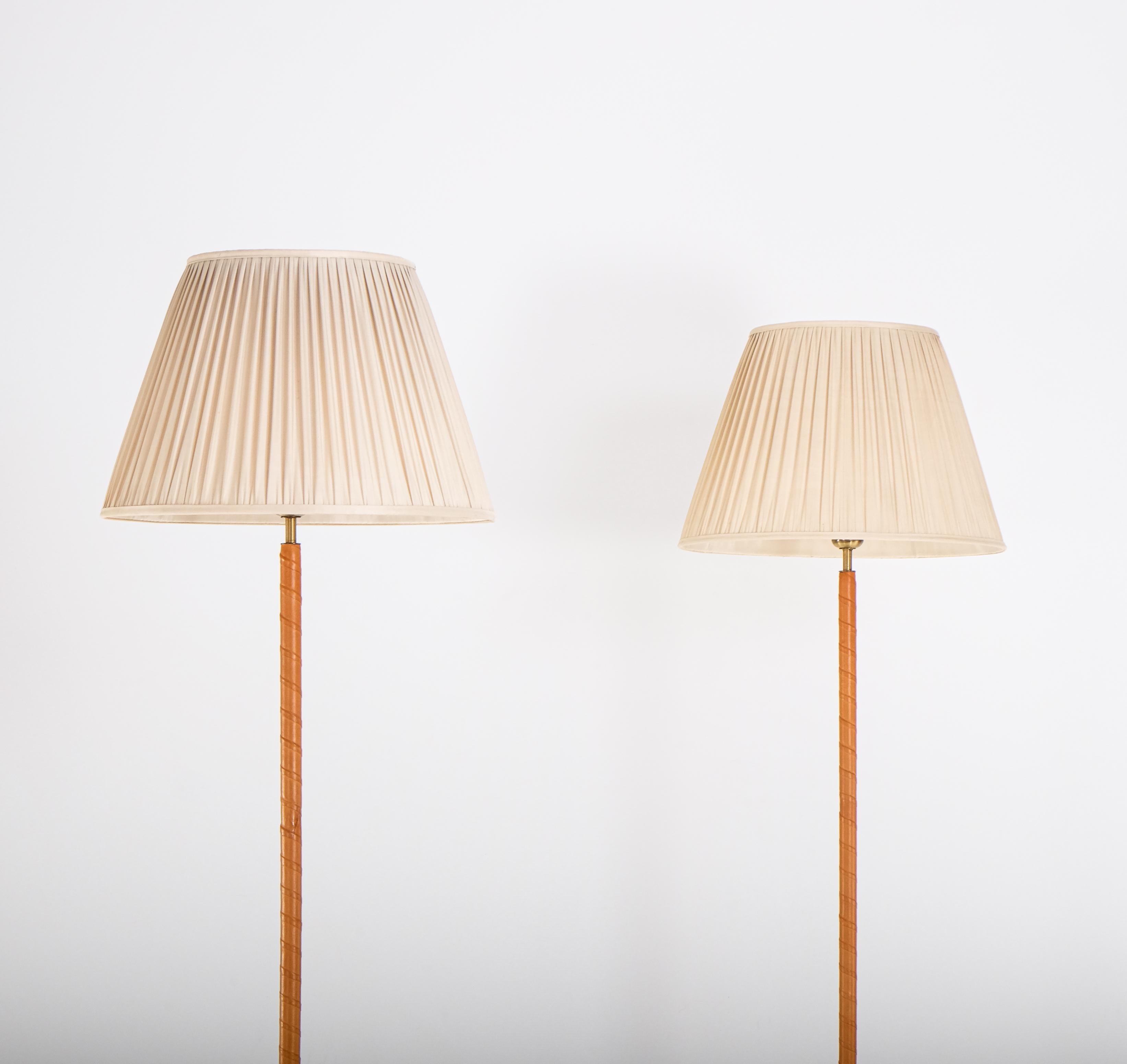 Scandinavian Modern Brass & Leather Floor Lamps, Sweden, 1950s For Sale