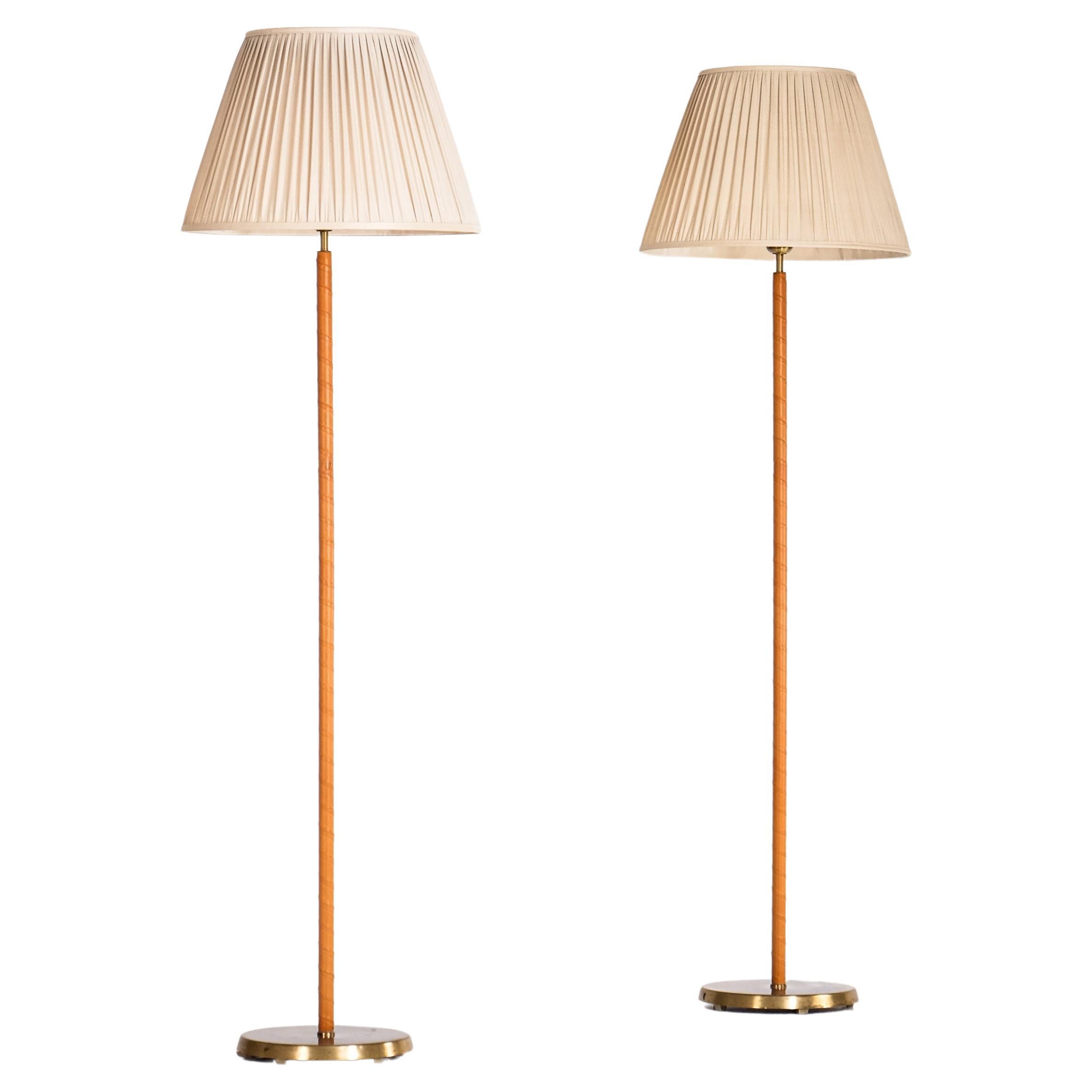 Brass & Leather Floor Lamps, Sweden, 1950s For Sale