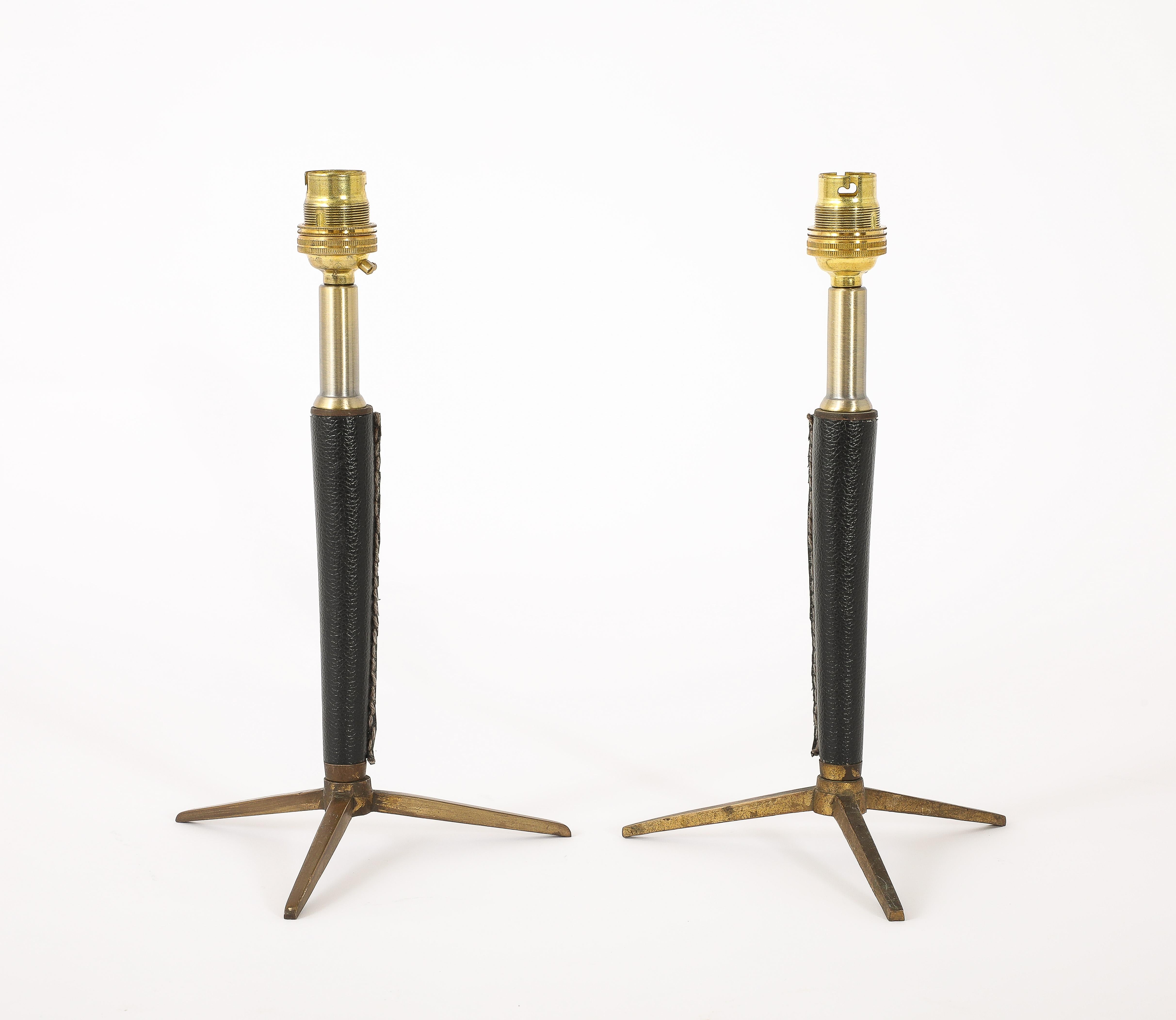 Brass & Leather Lamps With Tapered Stem, France 1950's For Sale 4