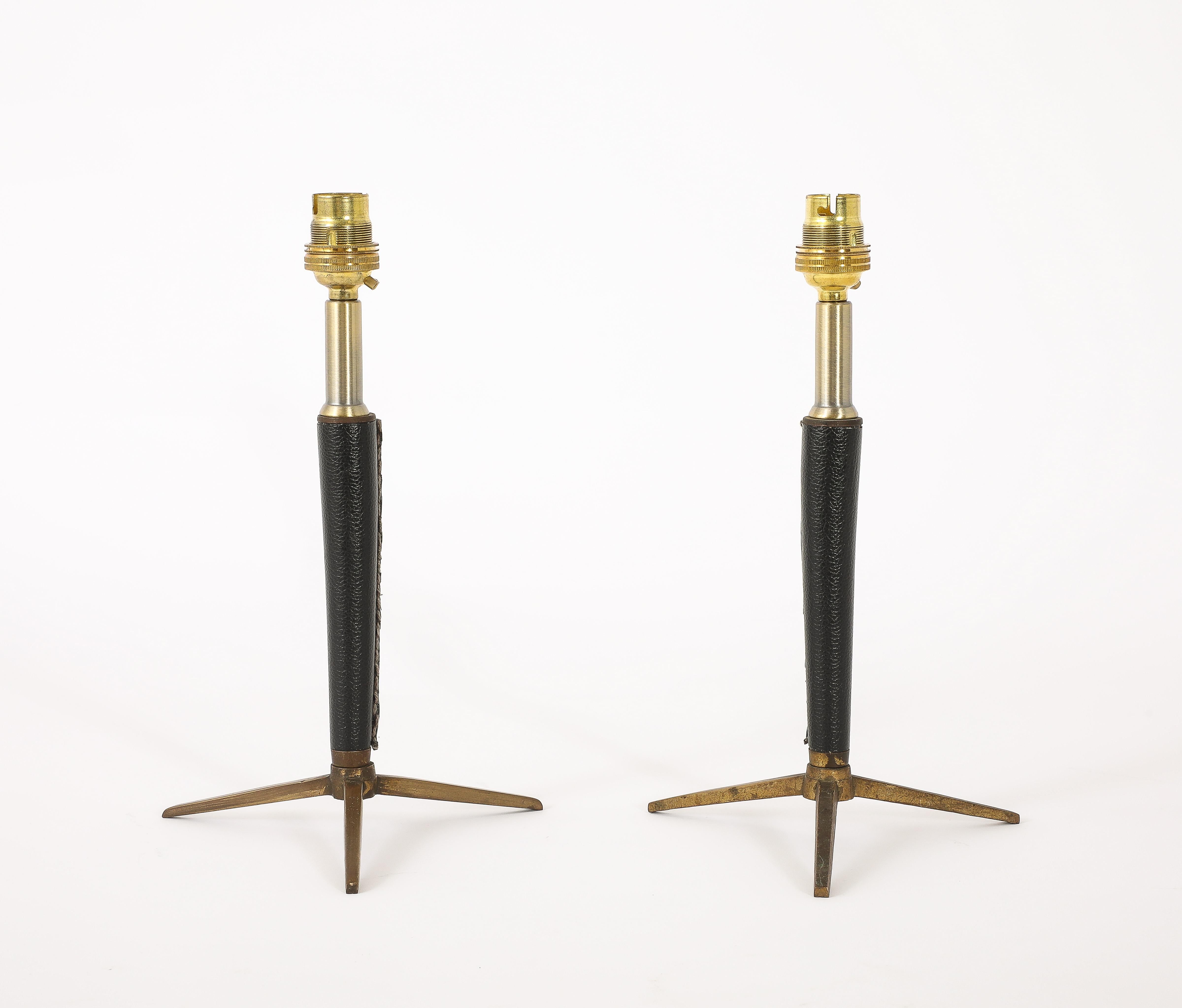 Brass & Leather Lamps With Tapered Stem, France 1950's For Sale 5