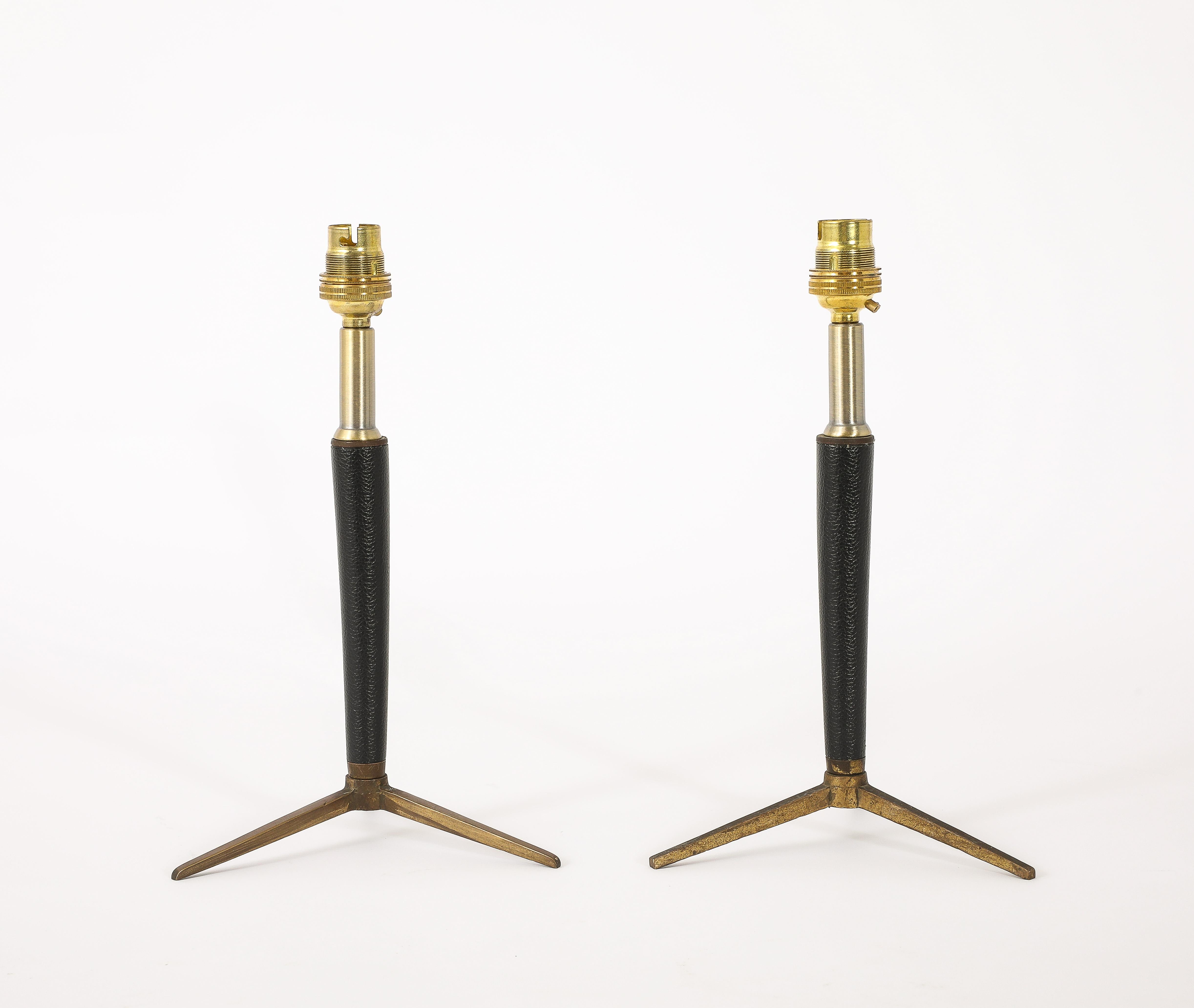 Brass & Leather Lamps With Tapered Stem, France 1950's For Sale 6