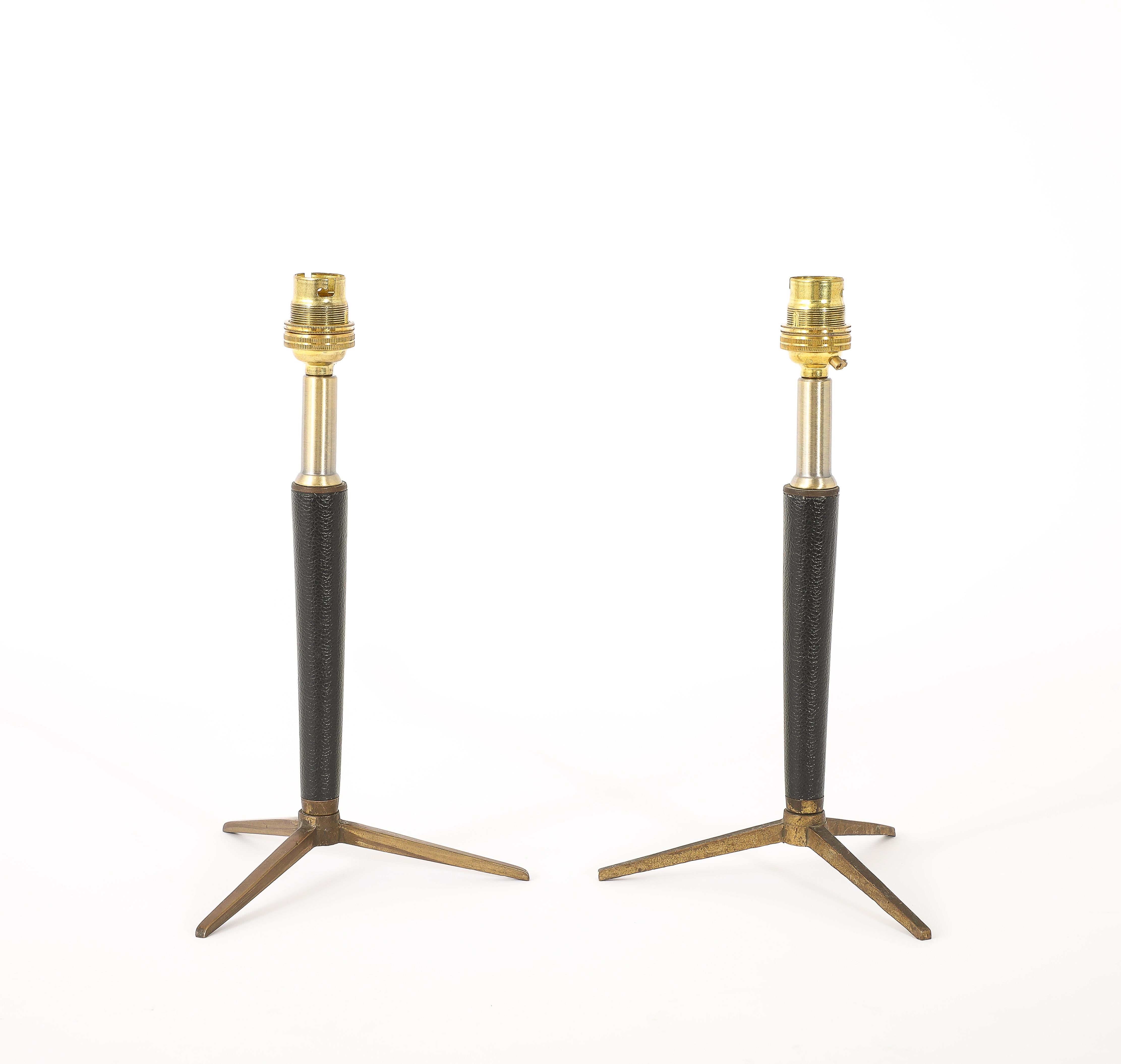 Brass & Leather Lamps With Tapered Stem, France 1950's For Sale 7