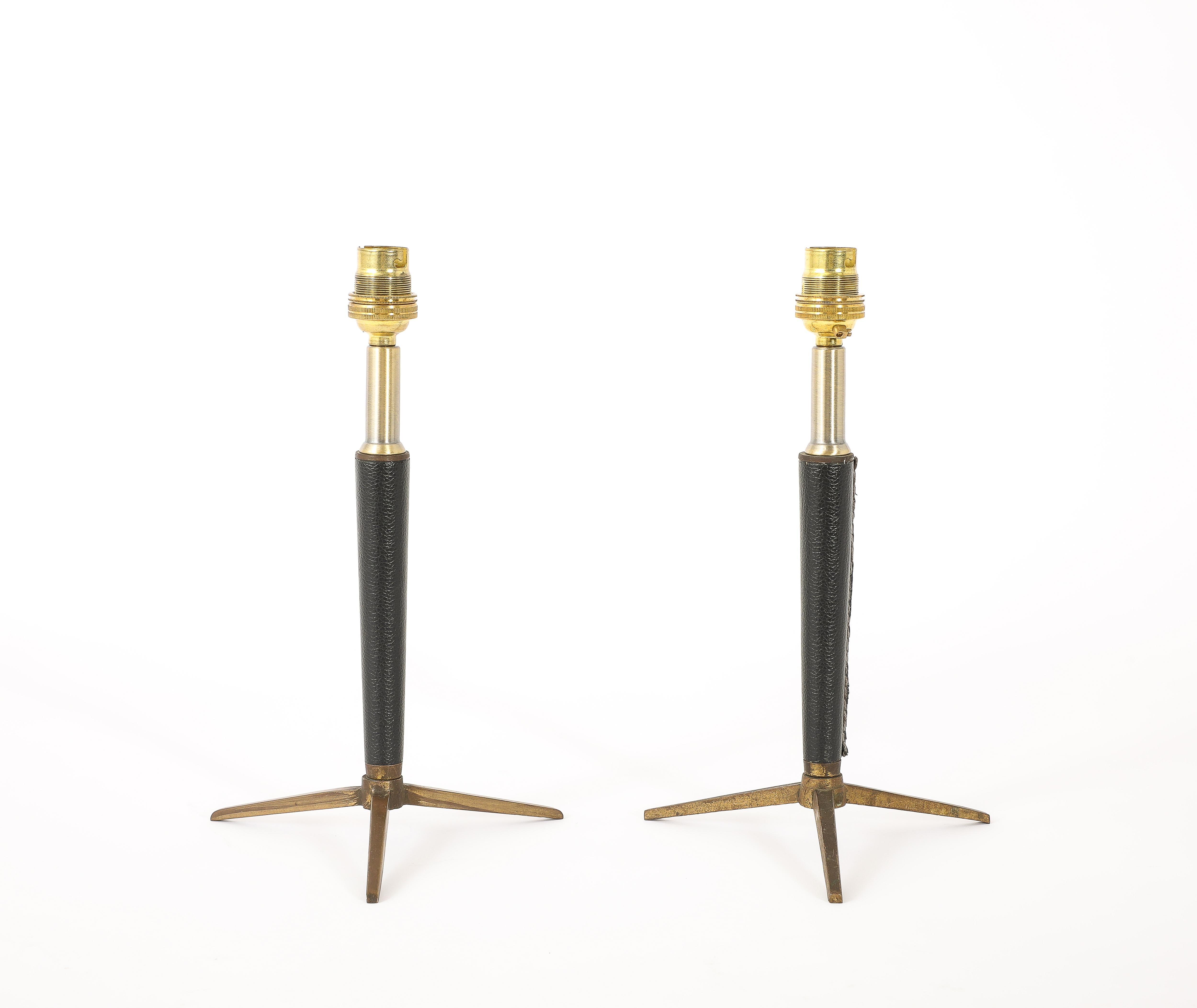 Brass & Leather Lamps With Tapered Stem, France 1950's For Sale 8
