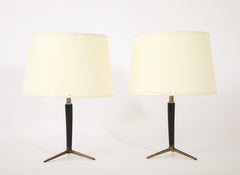 Brass & Leather Lamps With Tapered Stem, France 1950's
