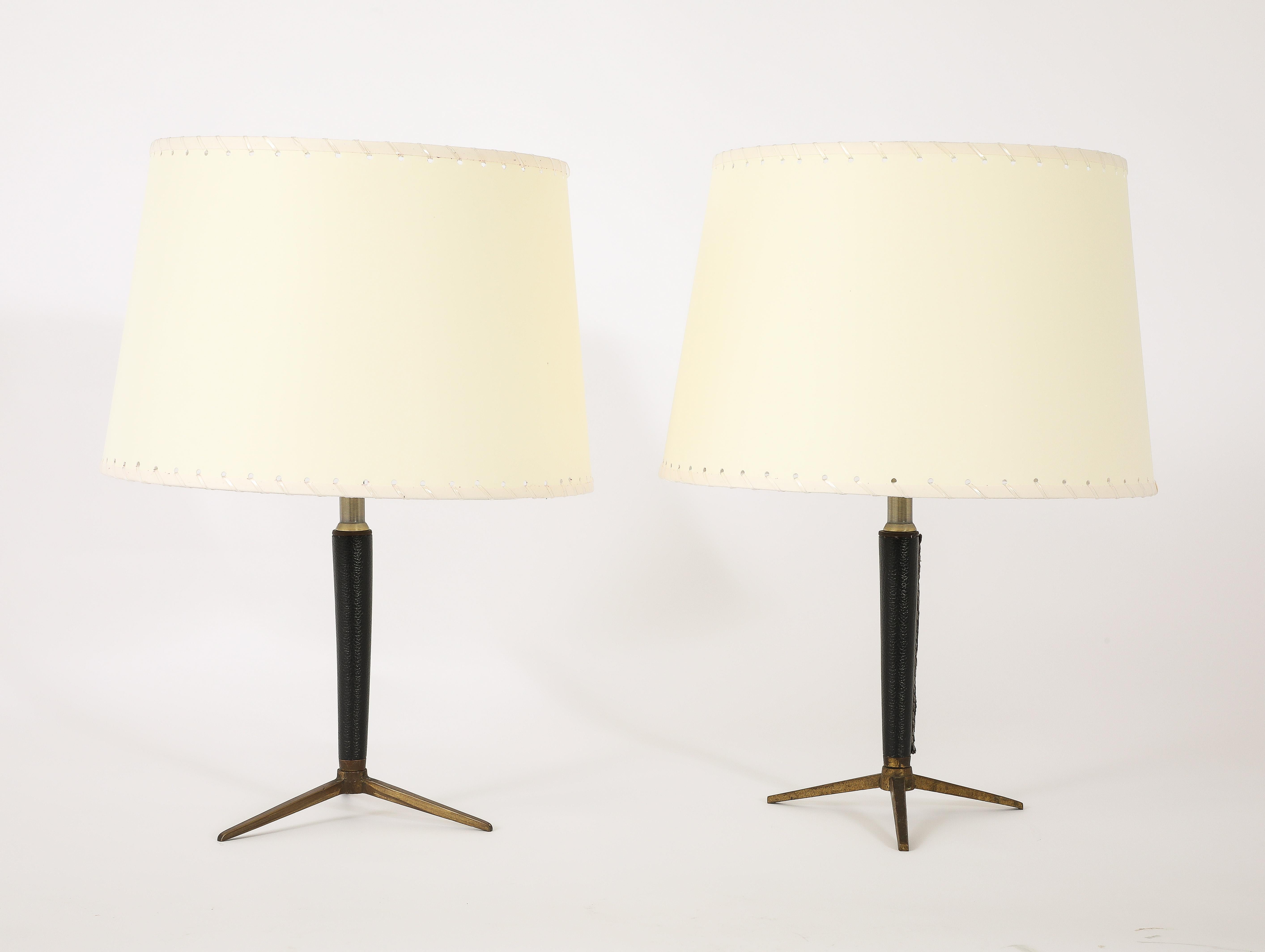 Mid-Century Modern Brass & Leather Lamps With Tapered Stem, France 1950's For Sale