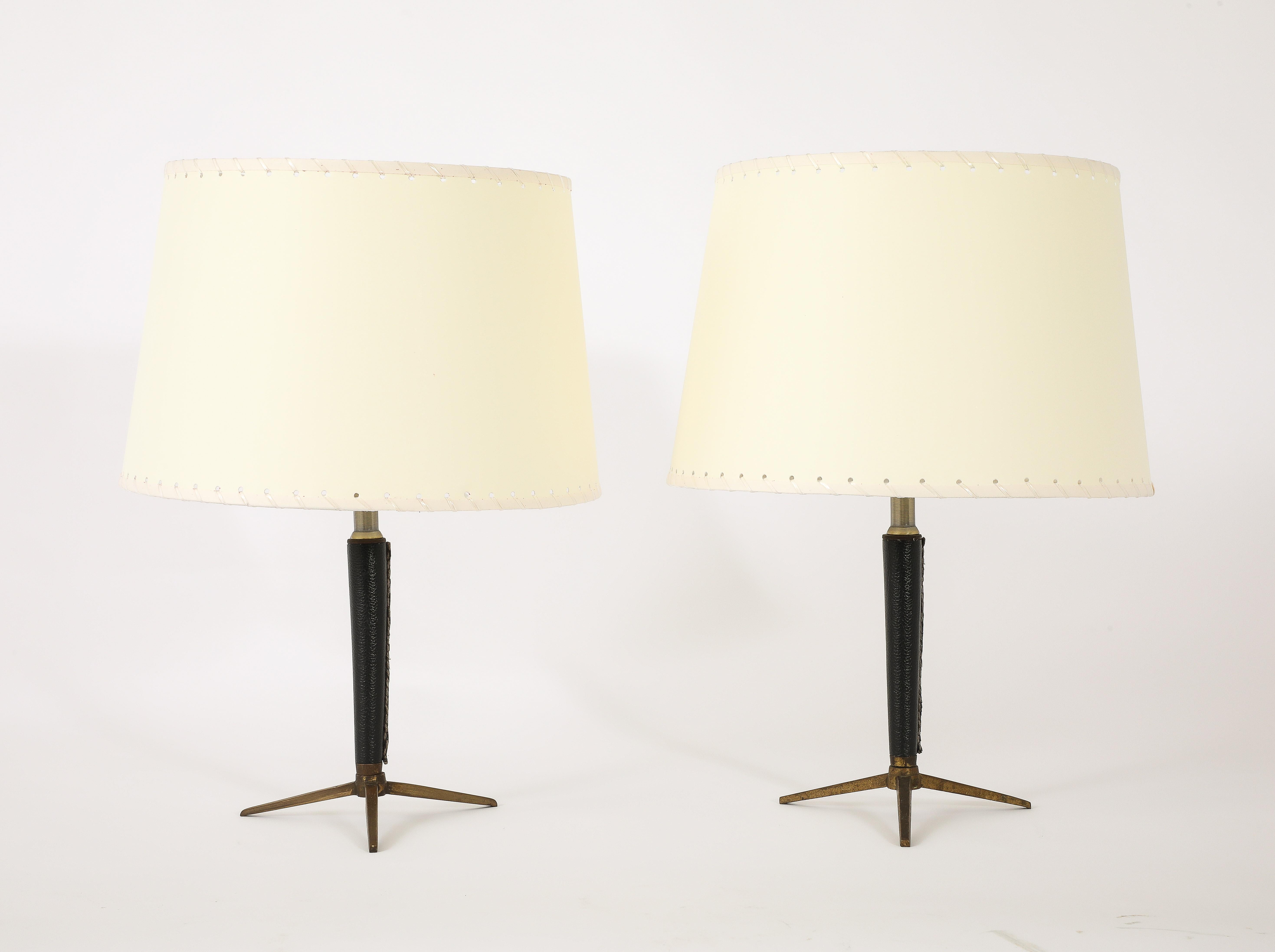 French Brass & Leather Lamps With Tapered Stem, France 1950's For Sale