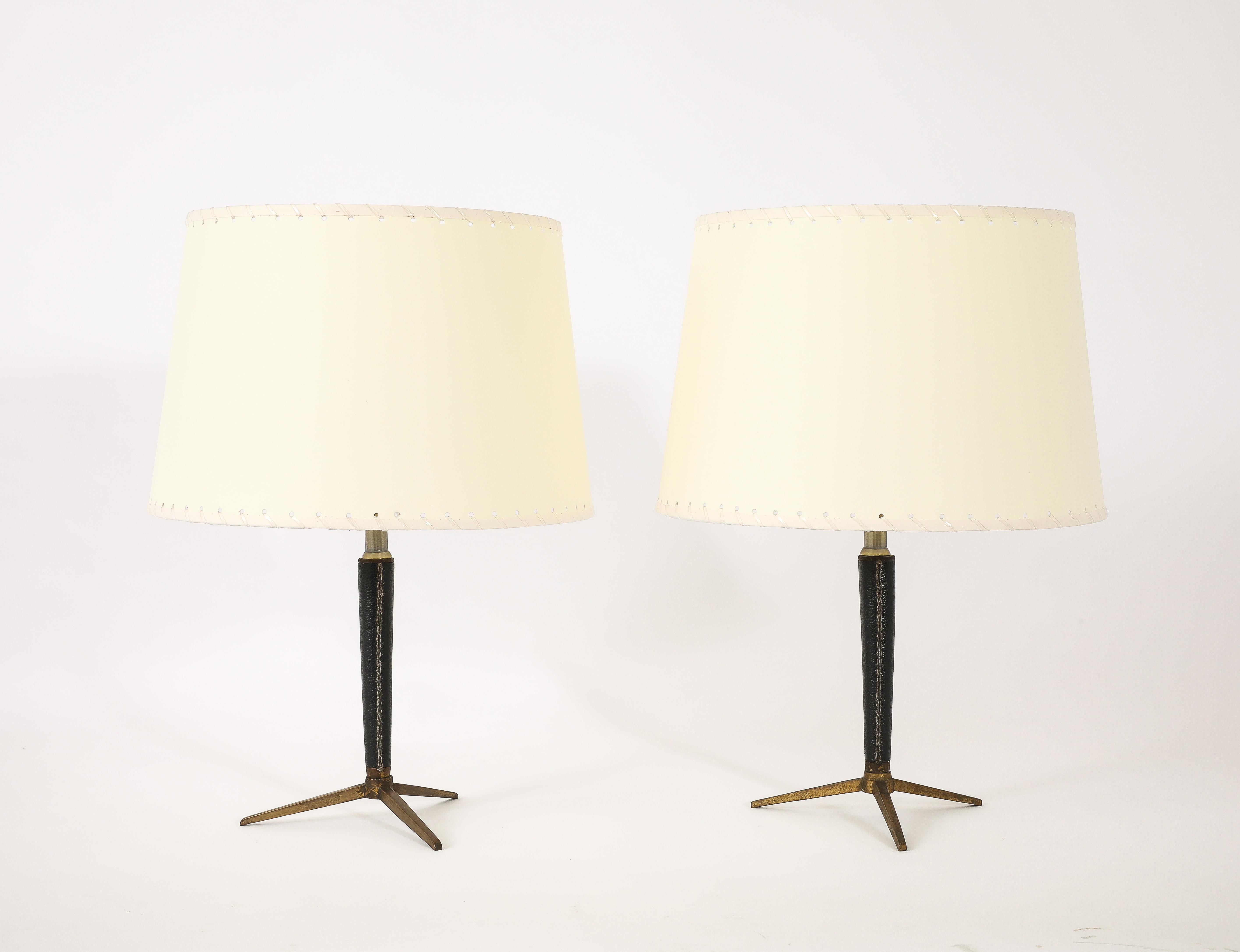 Brass & Leather Lamps With Tapered Stem, France 1950's In Good Condition For Sale In New York, NY