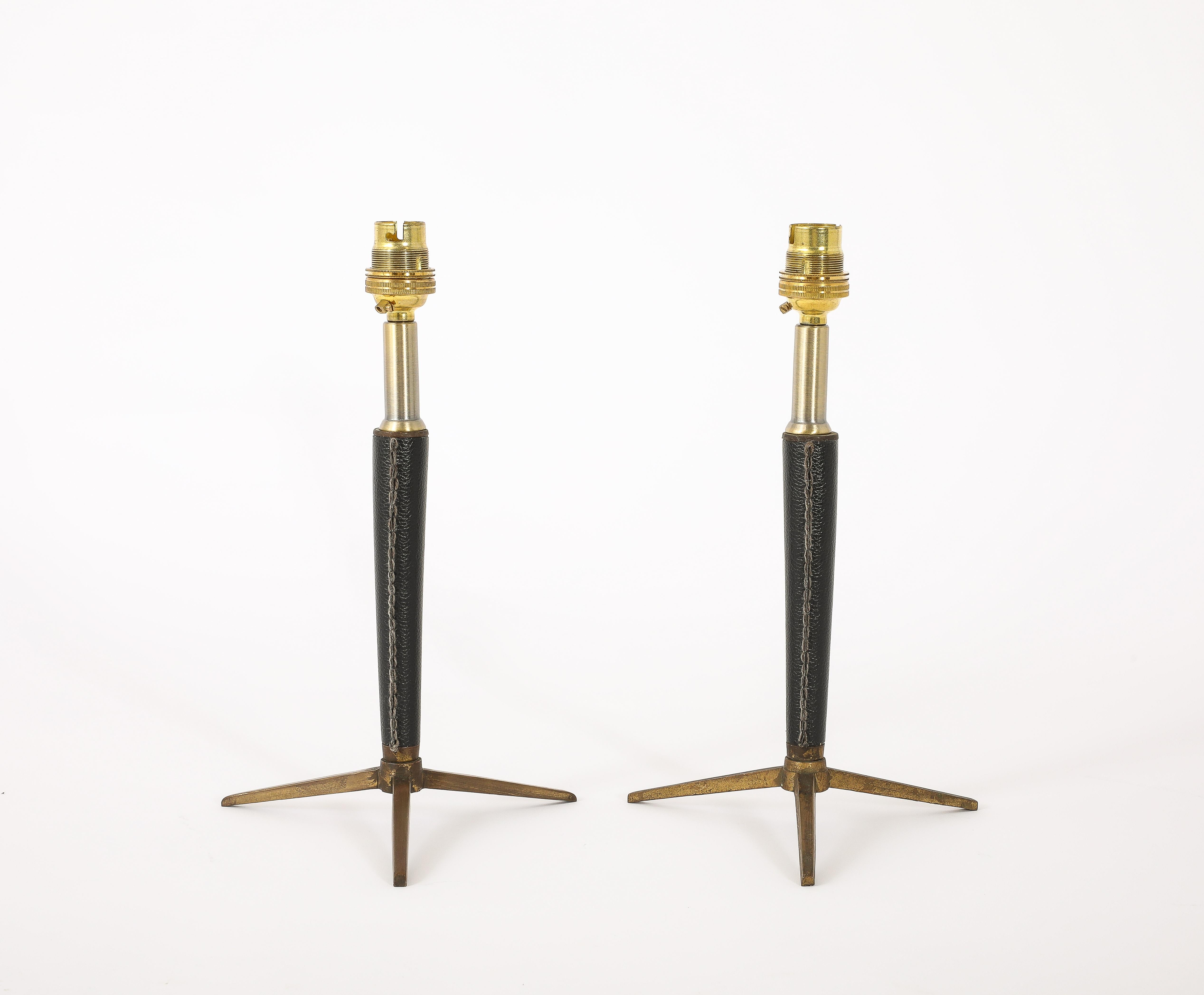 20th Century Brass & Leather Lamps With Tapered Stem, France 1950's For Sale
