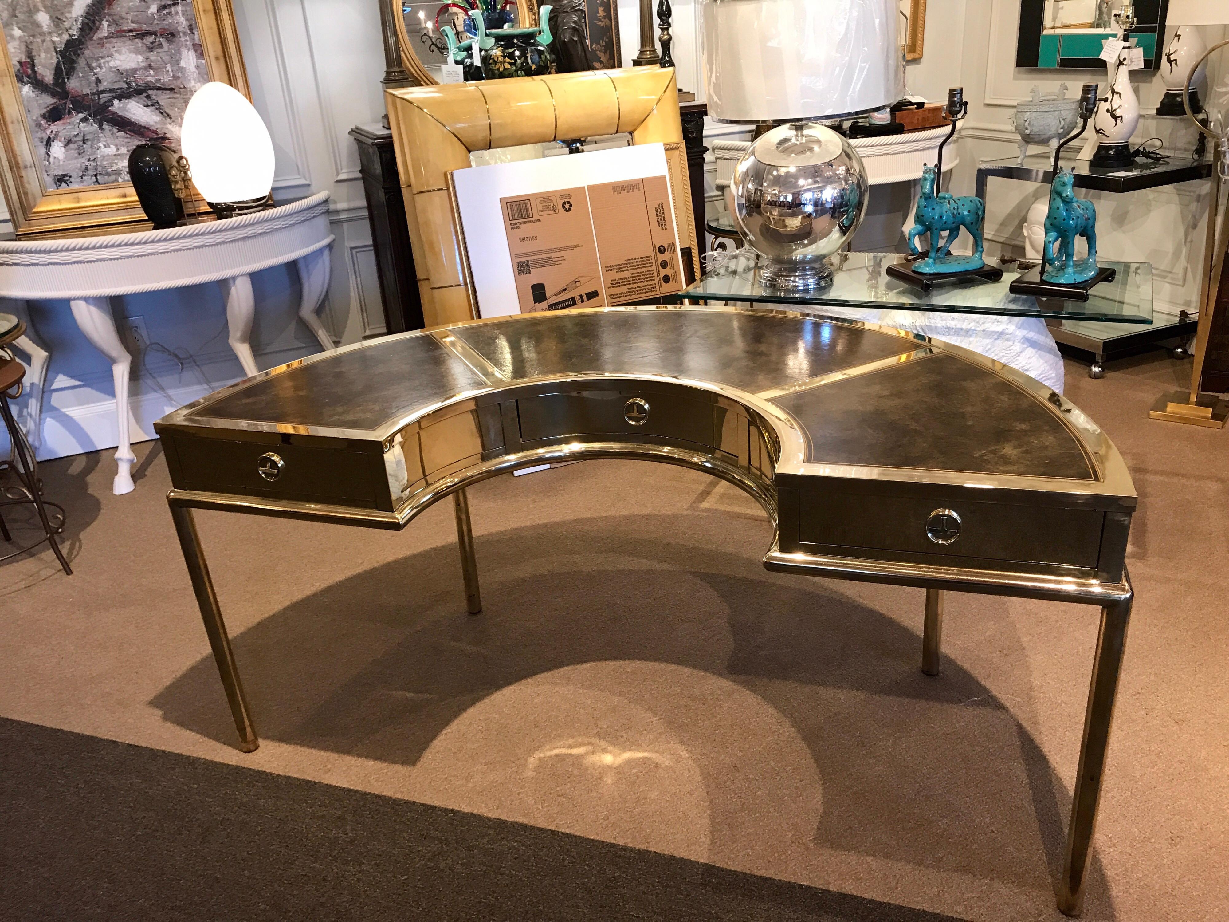 Mid-Century Modern Brass and Leather Semicircular Mastercraft Desk