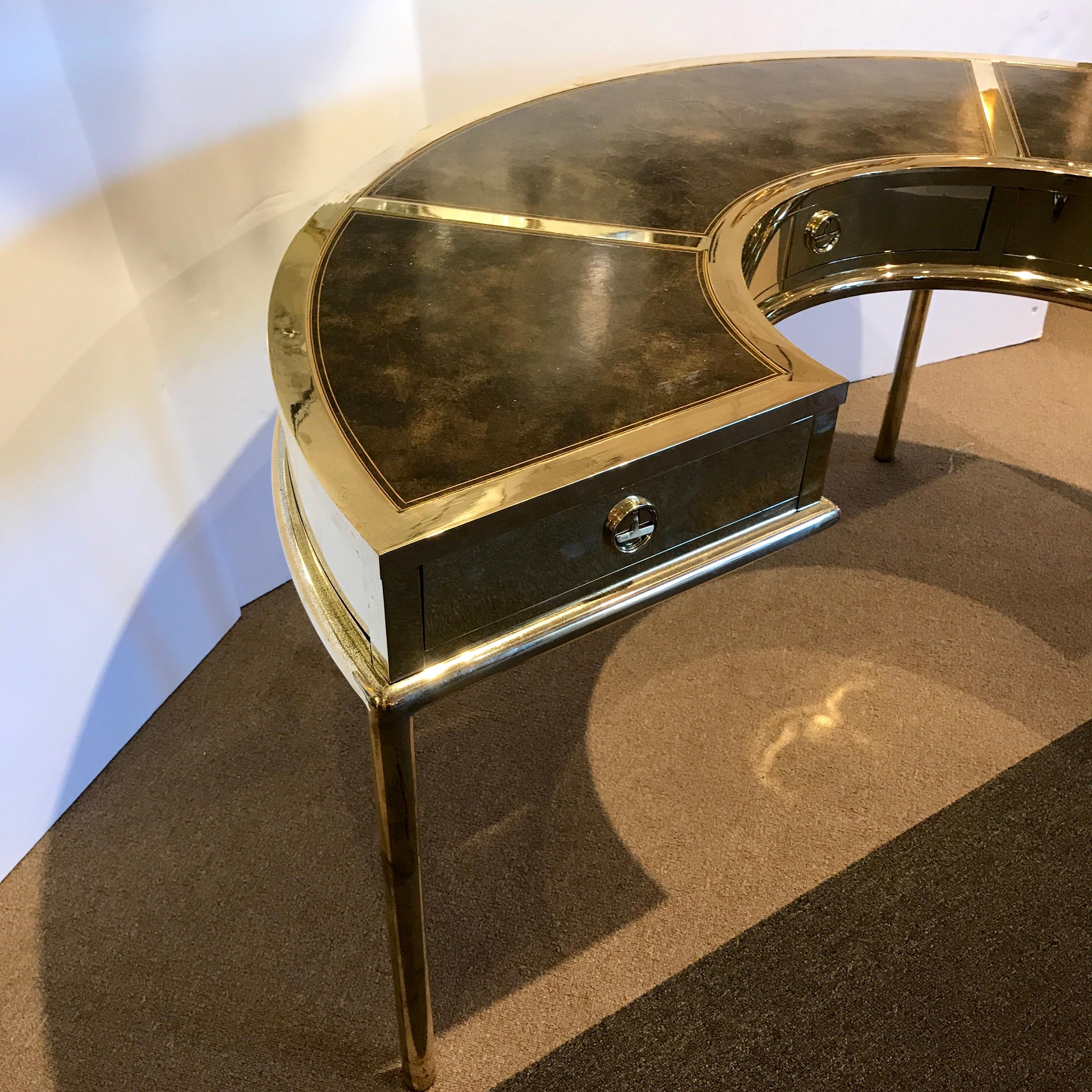 Brass and Leather Semicircular Mastercraft Desk In Good Condition In Atlanta, GA