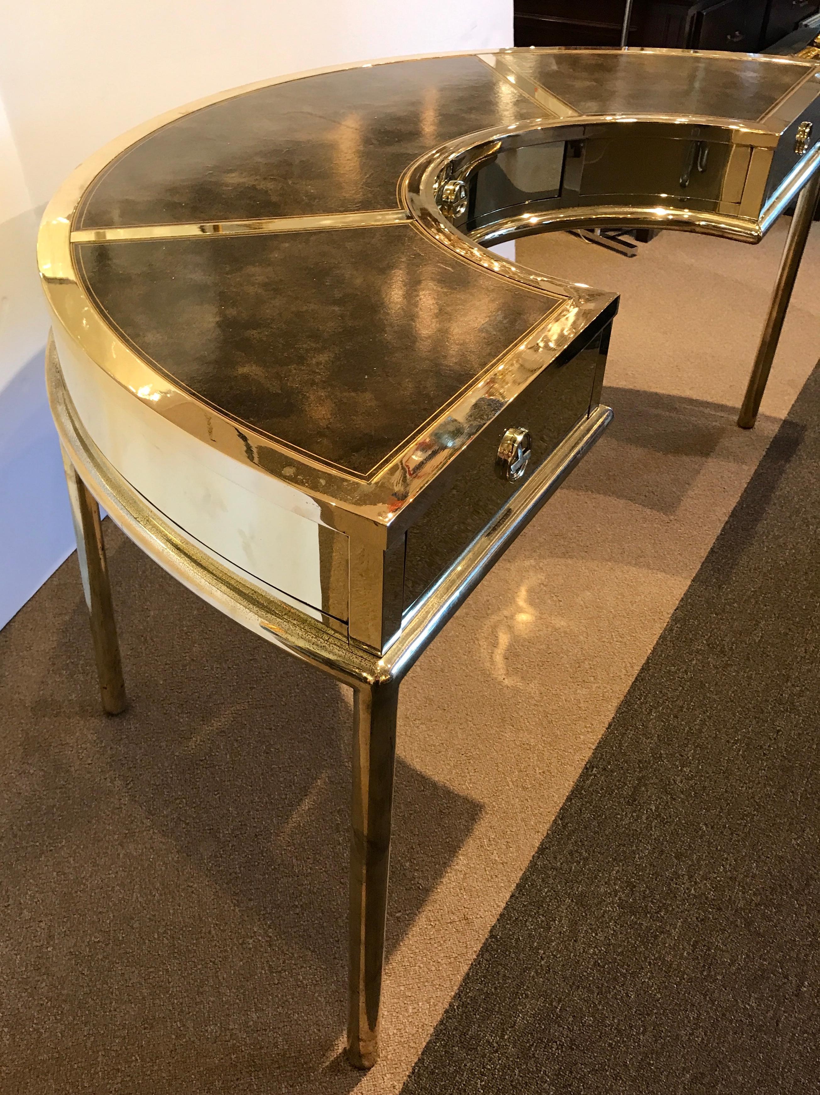 20th Century Brass and Leather Semicircular Mastercraft Desk