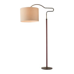 Brass & Leather Swing Arm Floor Lamp, Italy, circa 1950