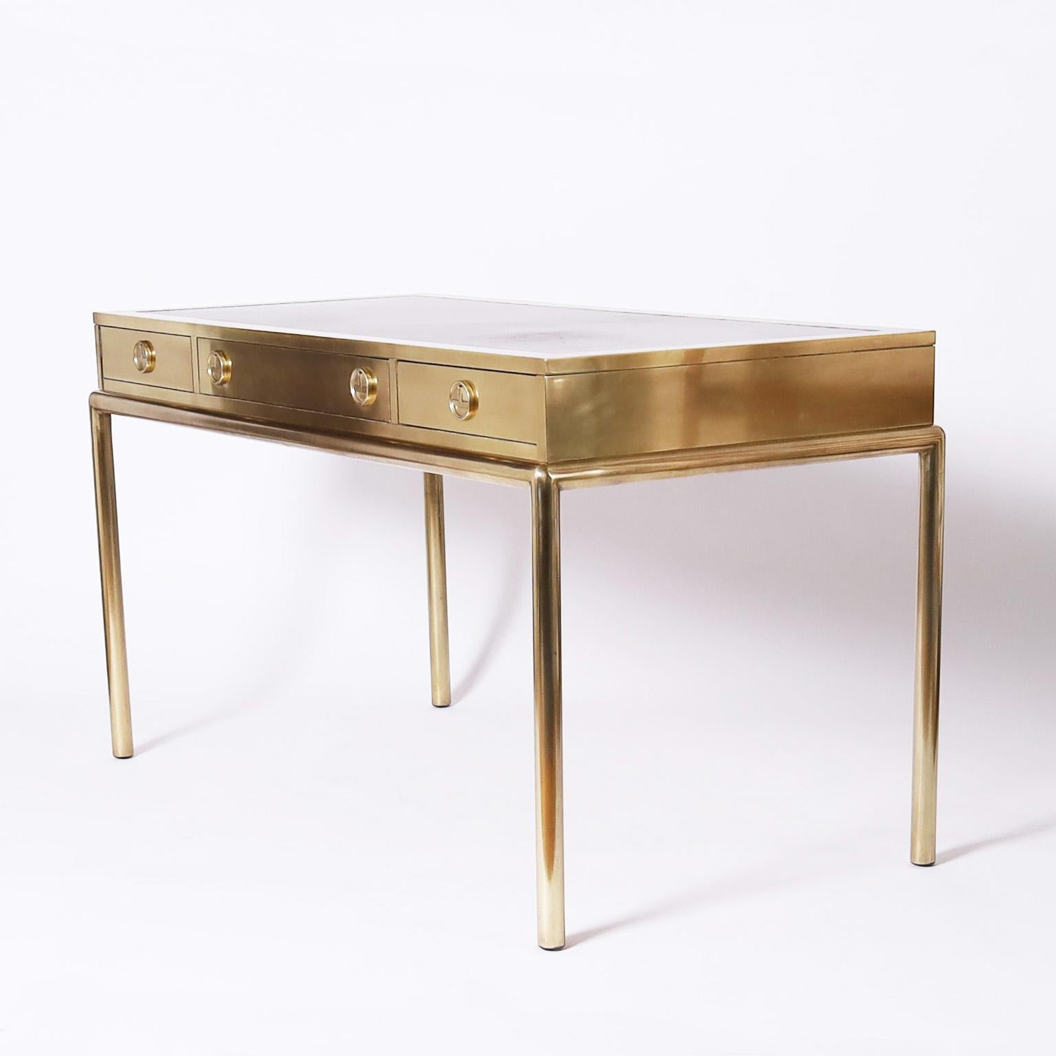 Campaign Brass Leather Top Desk by Mastercraft