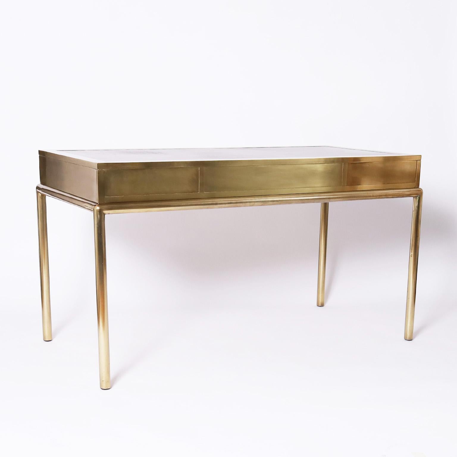 American Brass Leather Top Desk by Mastercraft