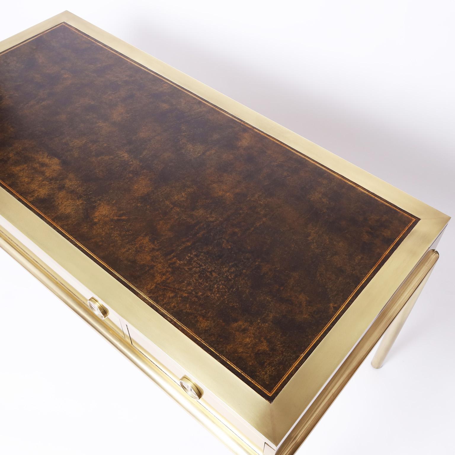 Polished Brass Leather Top Desk by Mastercraft