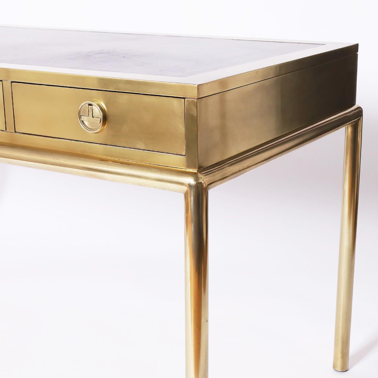 20th Century Brass Leather Top Desk by Mastercraft