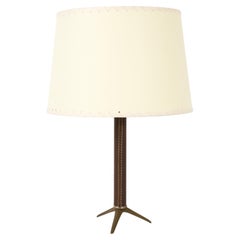 Brass & Leather Tripod Lamp with Large Stem, France 1960's