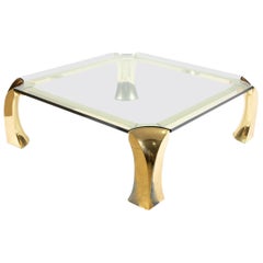 1970s Mid Century Square Coffee Table Glass Top Brass Legs After Karl Springer