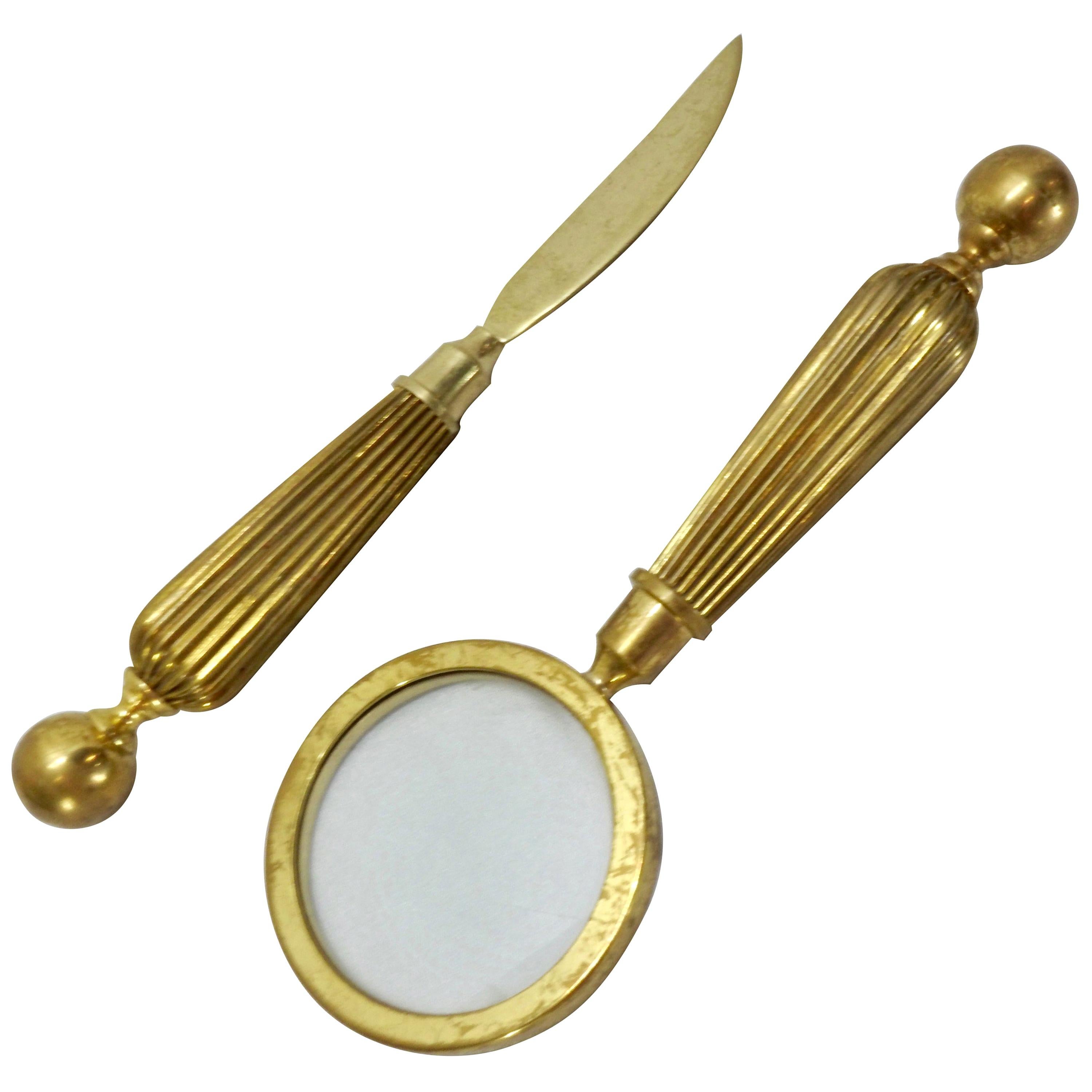 Vintage Brass Decorative Magnifying Glass & Letter Opener on Stand Office Decor 