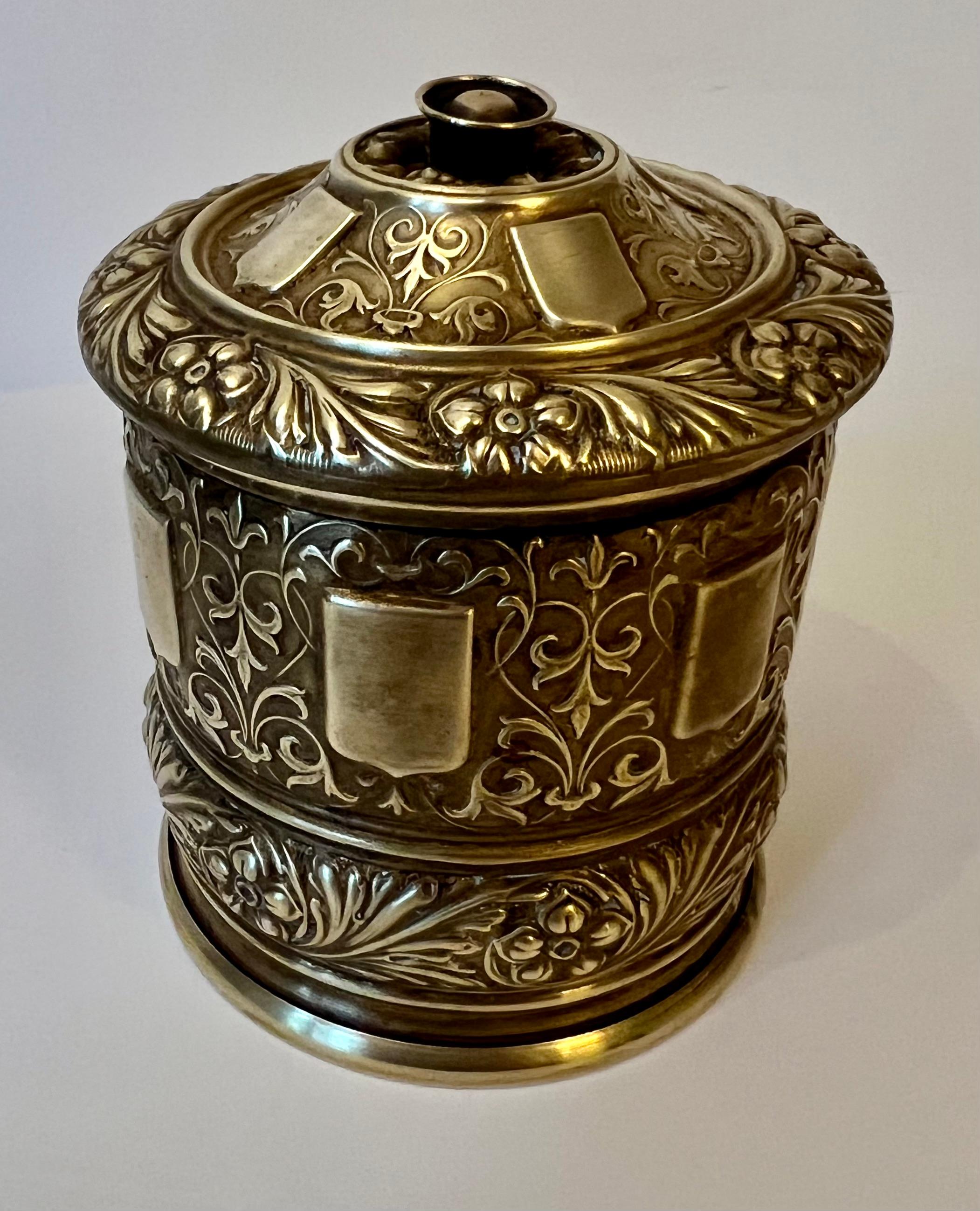 A repousse Lidded brass box. The styling makes a wonderful addition to any desk or work station or perhaps for the bar... also would be a great stash box for 420. Discreet and classic design makes this a great little gift for fathers day or any