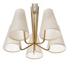 Brass Light Fixture Chandelier 'ANNABELLE' J.T. Kalmar, Parchment Shades, 1960